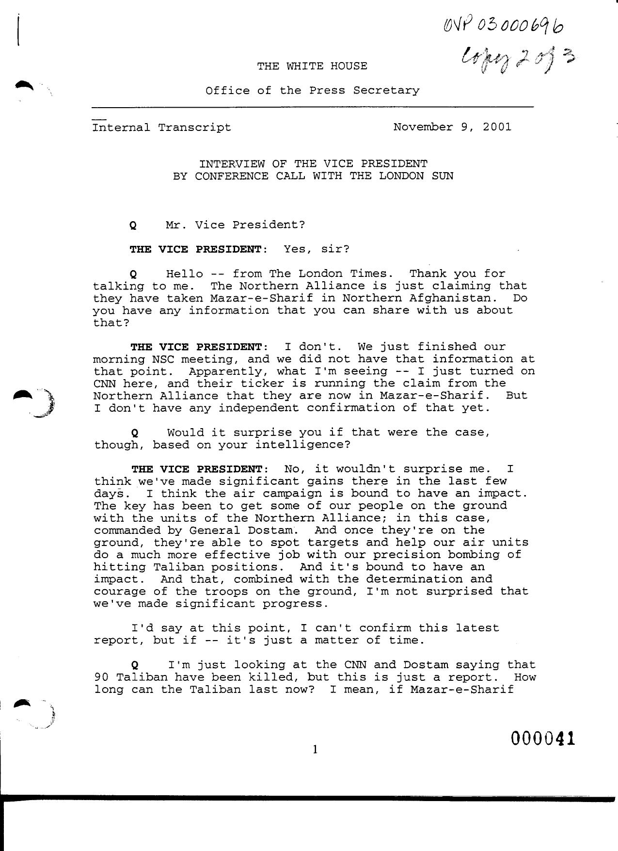 NY B9 Farmer Misc- WH 1 of 3 Fdr- 11-9-01 London Sun Interview of Cheney 447 by Unknown