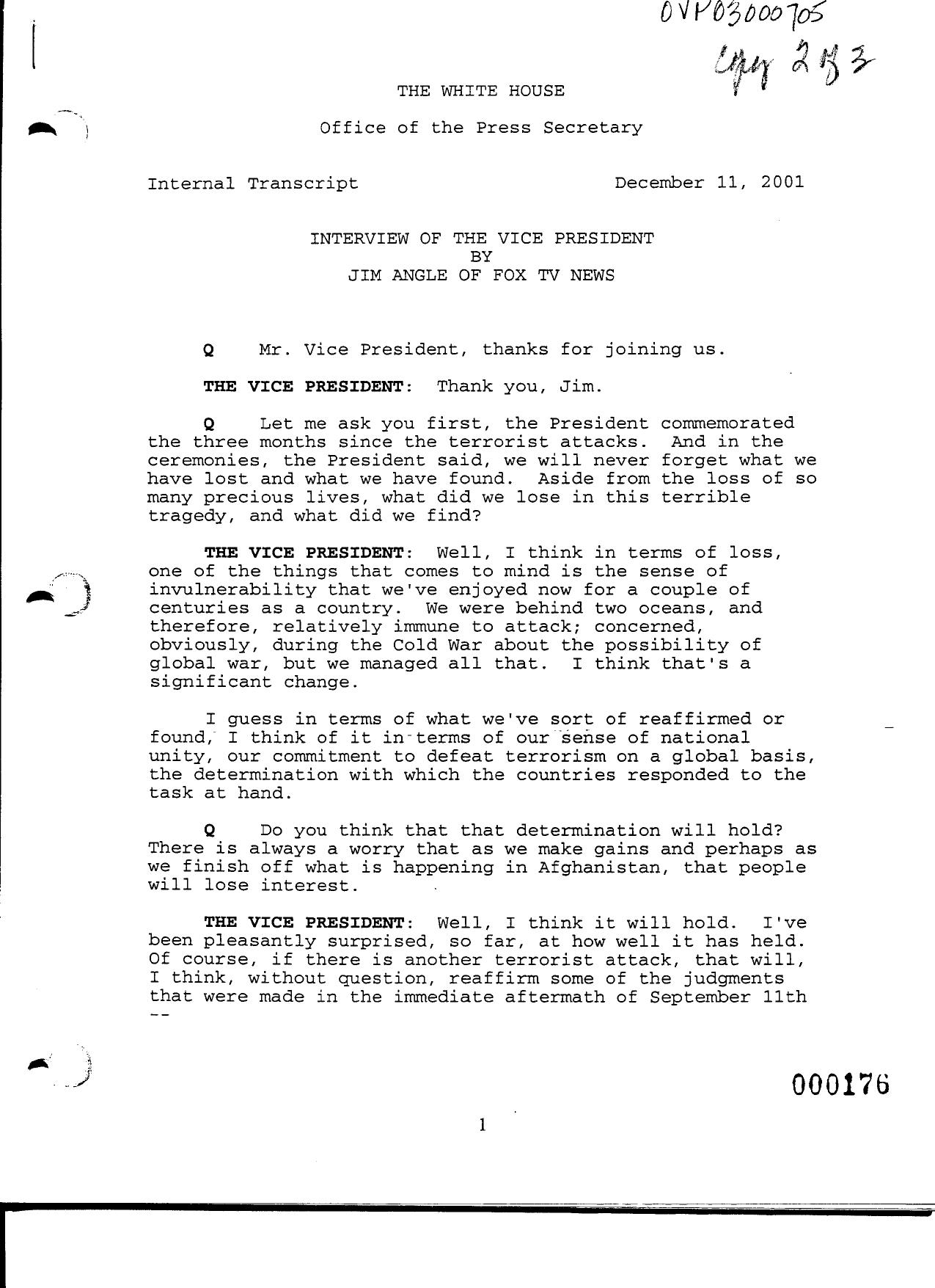 NY B9 Farmer Misc- WH 1 of 3 Fdr- 12-11-01 Jim Angle-Fox News Interview of Cheney 454 by Unknown