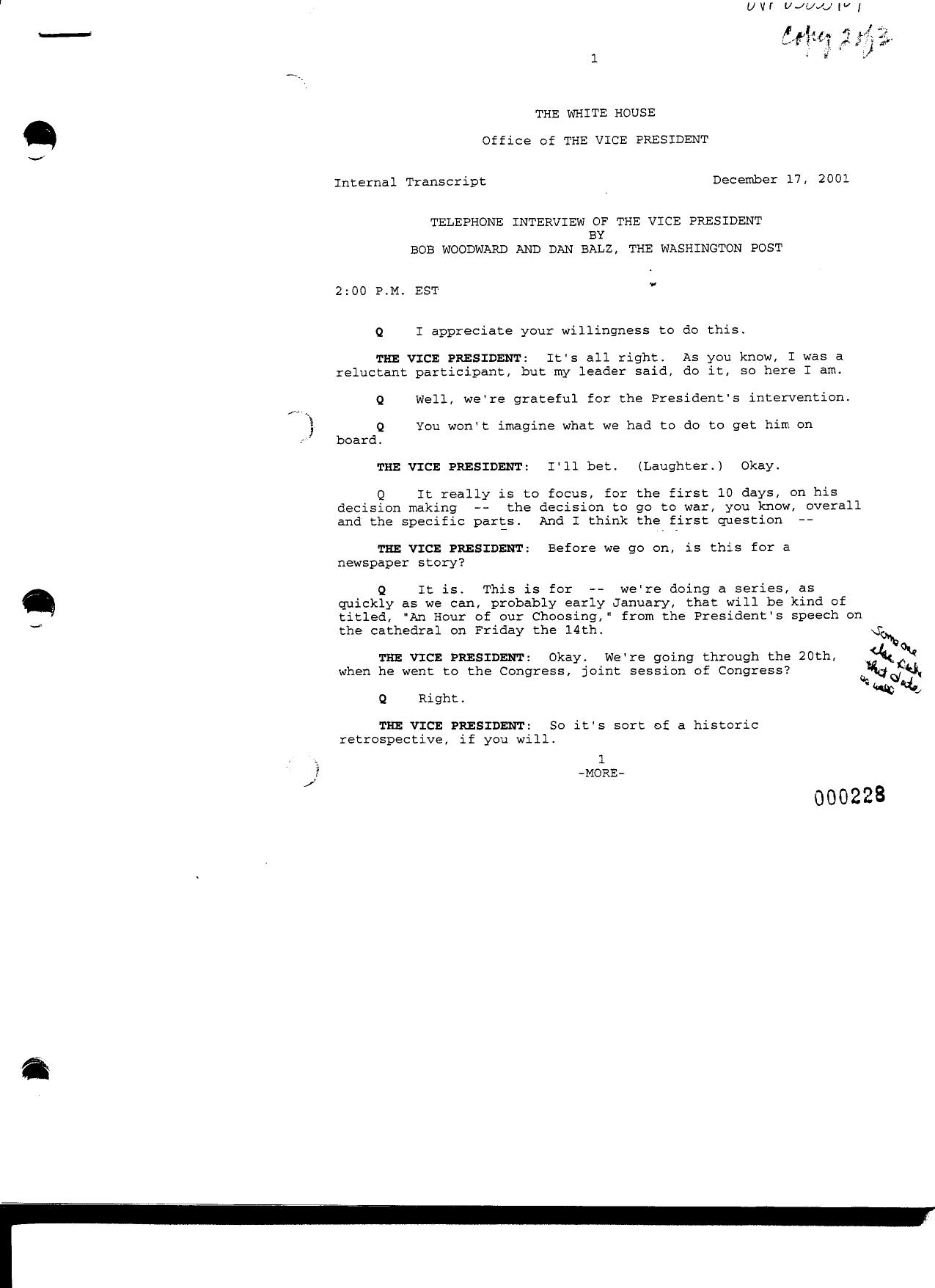 NY B9 Farmer Misc- WH 1 of 3 Fdr- 12-17-01 Woodward-Balz-Washington Post Interview of Cheney 455 by Unknown