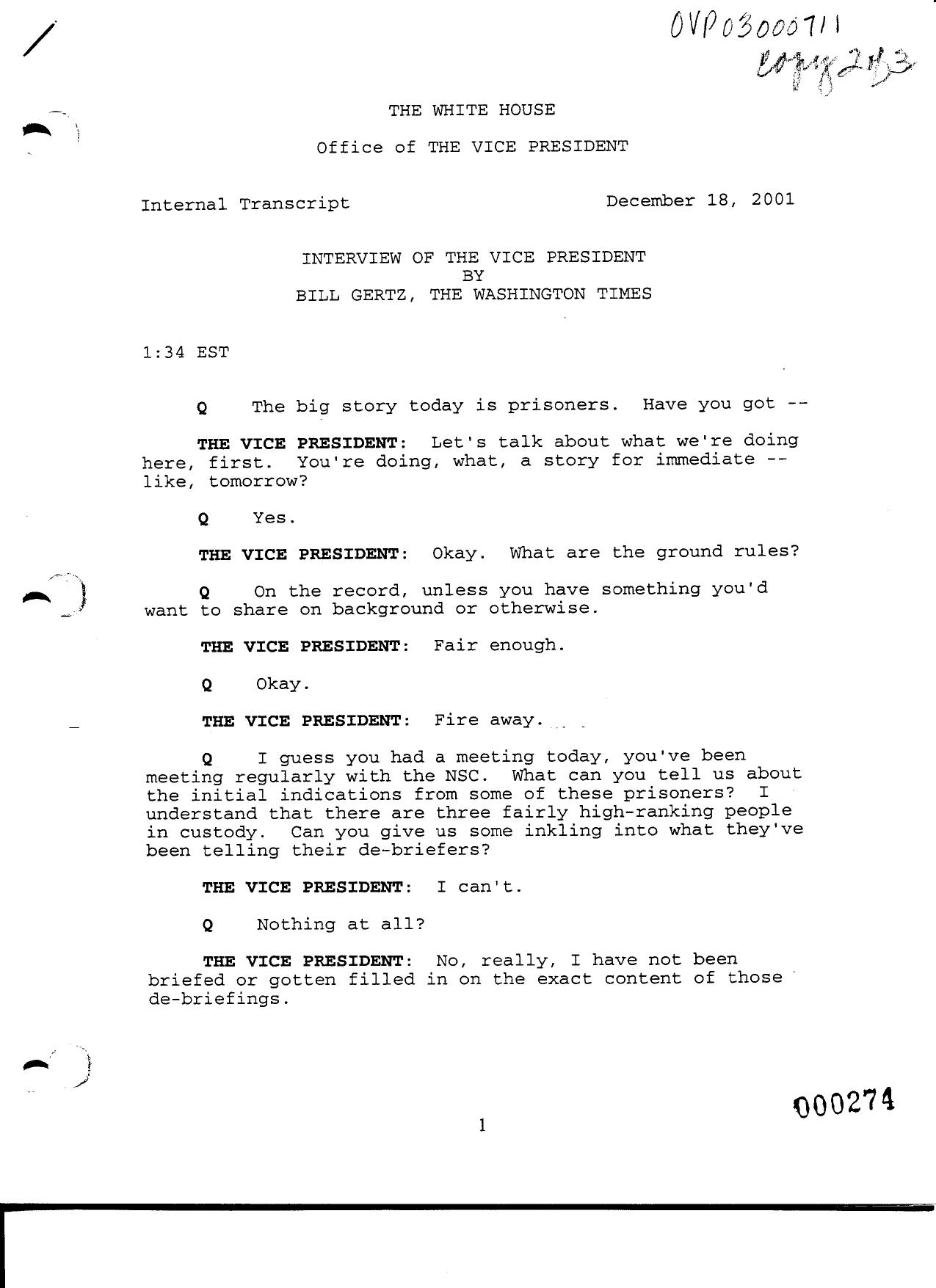 NY B9 Farmer Misc- WH 1 of 3 Fdr- 12-18-01 Bill Gertz-Washington Times Interview of Cheney 456 by Unknown