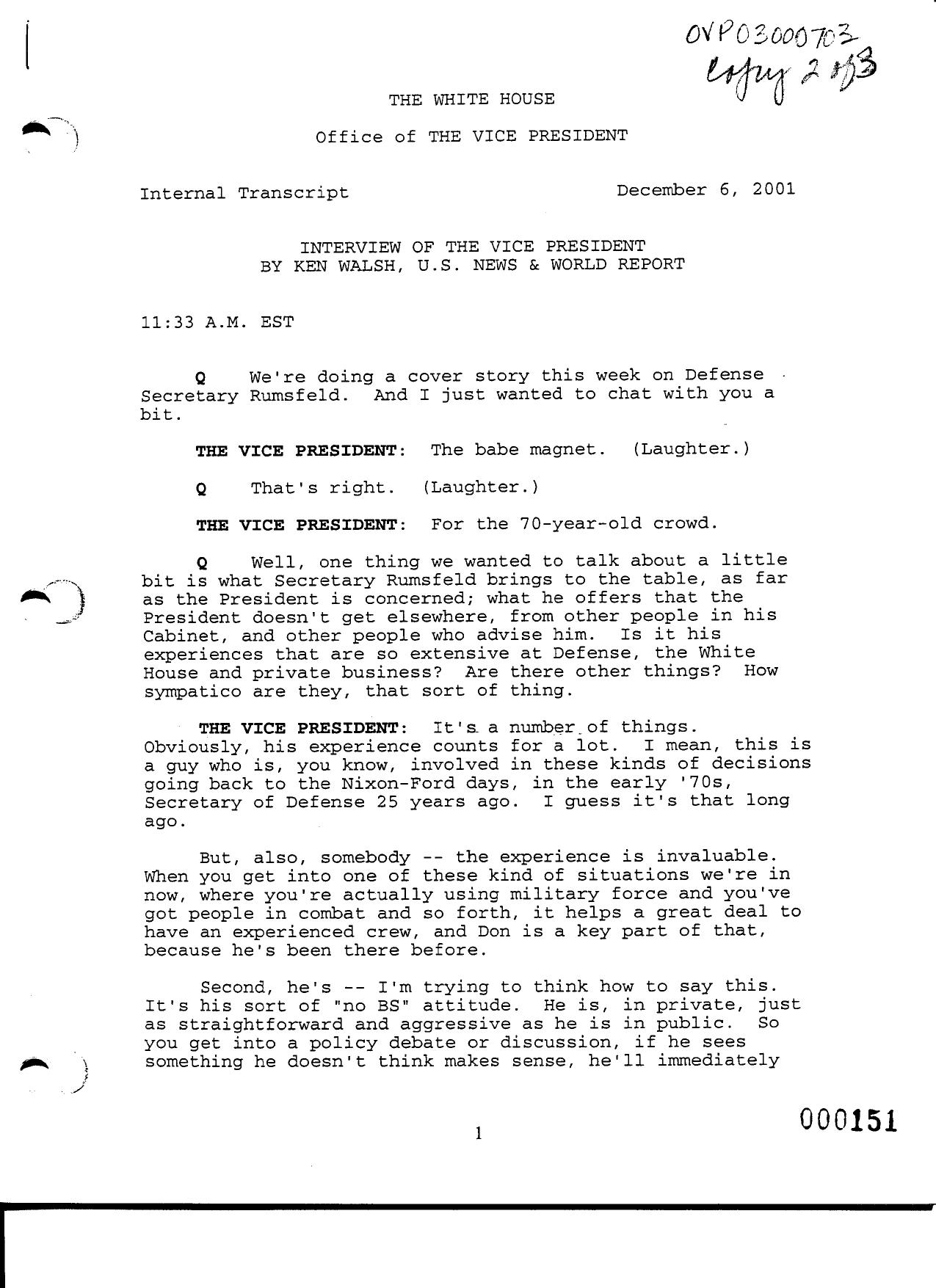 NY B9 Farmer Misc- WH 1 of 3 Fdr- 12-6-01 Ken Walsh-US News and World Report Interview of Cheney 452 by Unknown