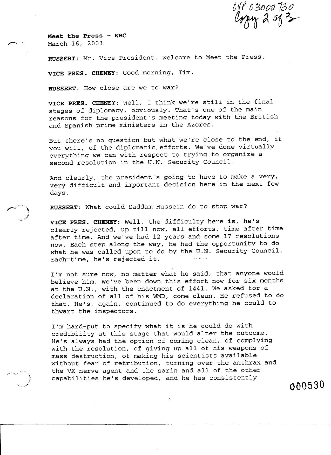 NY B9 Farmer Misc- WH 2 of 3 Fdr (pg 17-26 from Box 10- 3 of 3 Fdr)- 3-16-03 Tim Russert-Meet the Press-NBC Interview of Cheney 474 by Unknown