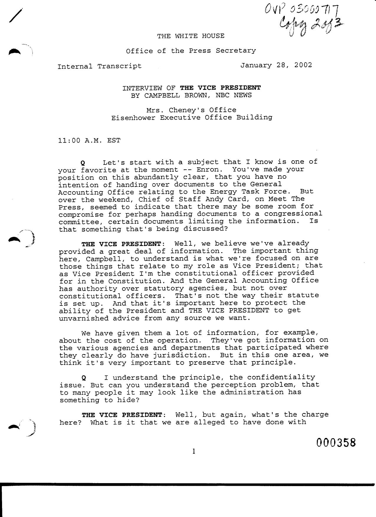 NY B9 Farmer Misc- WH 2 of 3 Fdr- 1-28-02 Campbell Brown-NBC Interview of Cheney 460 by Unknown