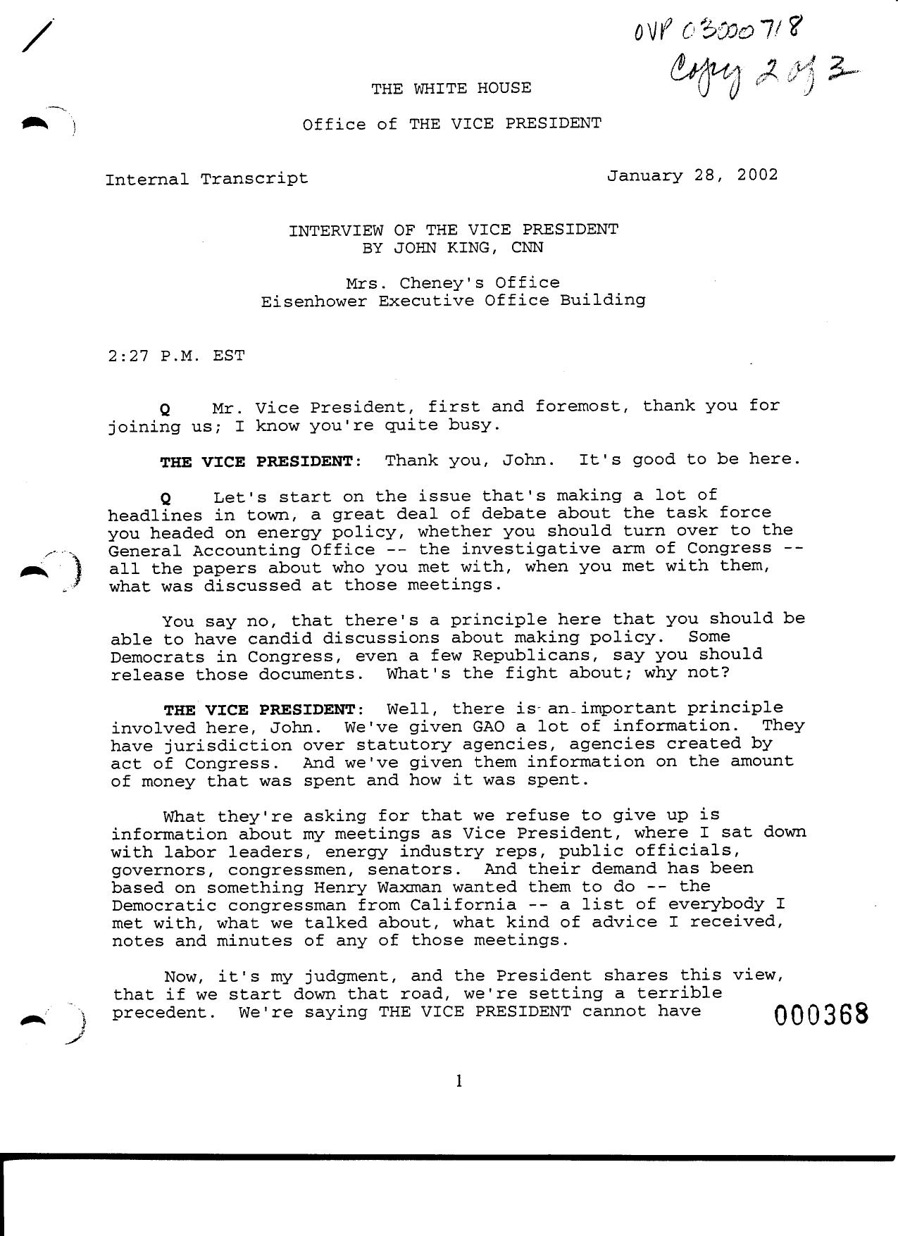 NY B9 Farmer Misc- WH 2 of 3 Fdr- 1-28-02 John King-CNN Interview of Cheney 461 by Unknown