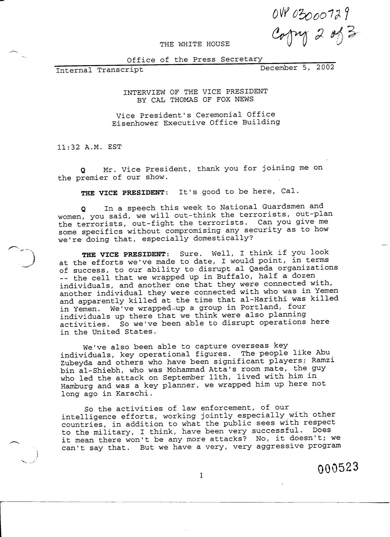 NY B9 Farmer Misc- WH 2 of 3 Fdr- 12-5-02 Cal Thomas-Fox News Interview of Cheney 472 by Unknown