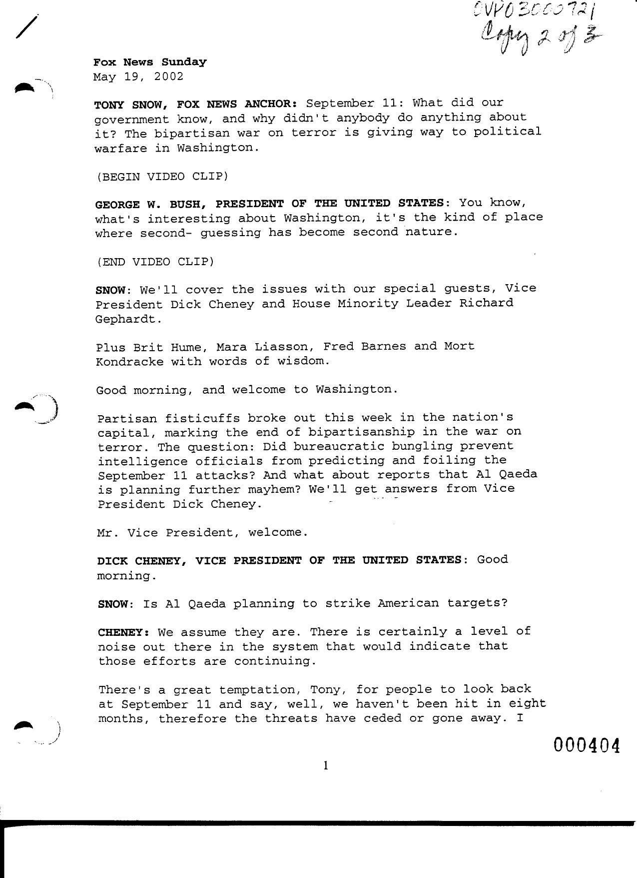 NY B9 Farmer Misc- WH 2 of 3 Fdr- 5-19-02 Tony Snow-Fox News Sunday Interview of Cheney 464 by Unknown