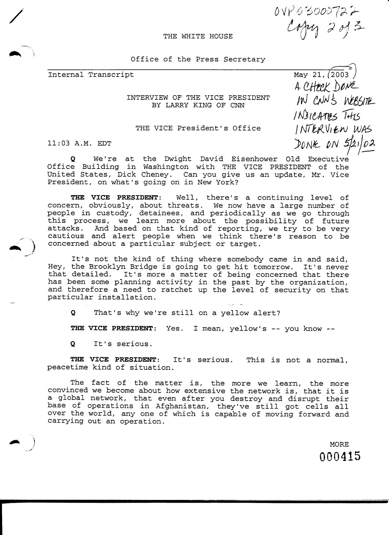 NY B9 Farmer Misc- WH 2 of 3 Fdr- 5-21-03 Larry King-CNN Interview of Cheney 465 by Unknown