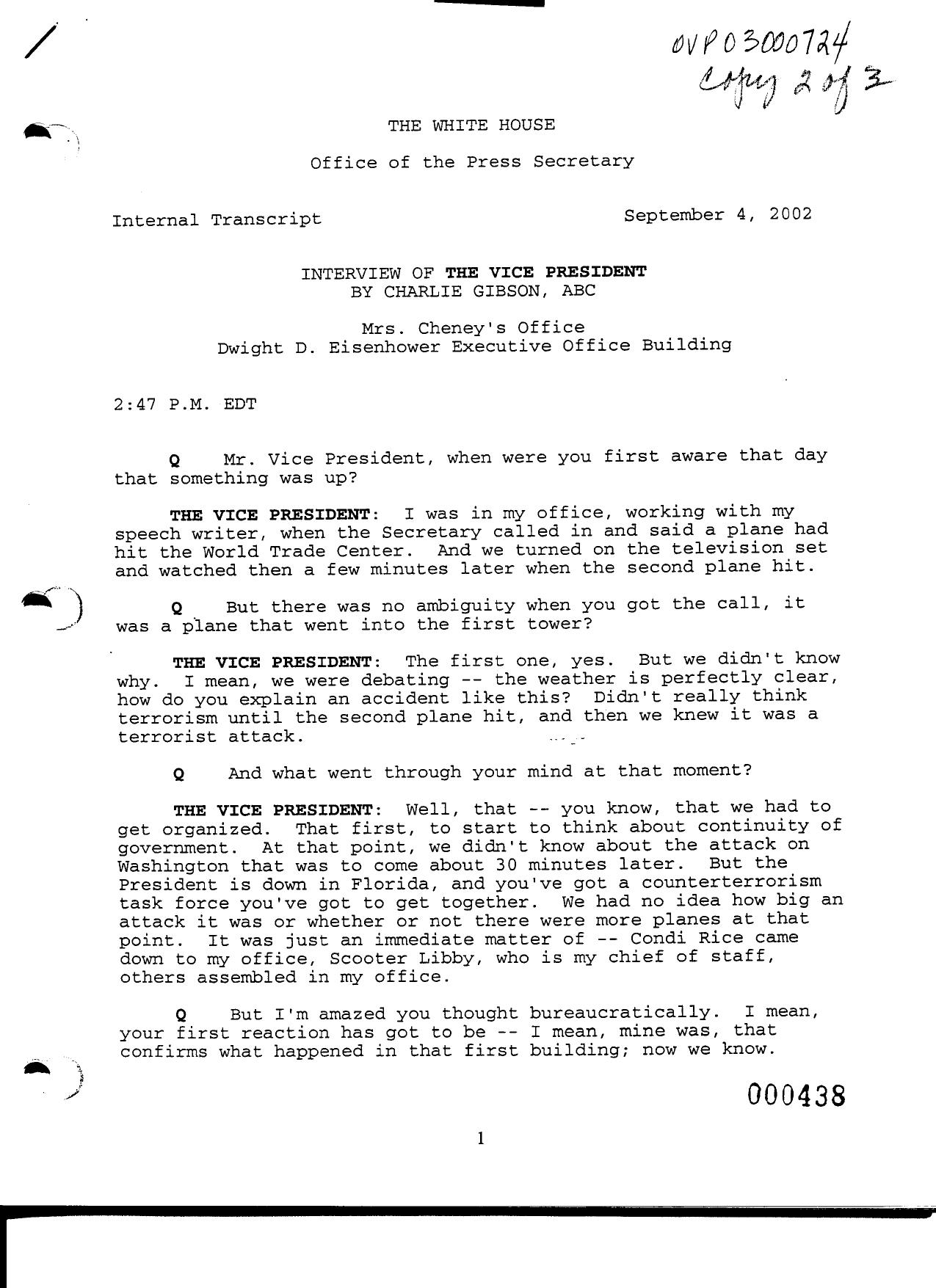 NY B9 Farmer Misc- WH 2 of 3 Fdr- 9-4-02 Charlie Gibson-ABC Interview of Cheney 467 by Unknown