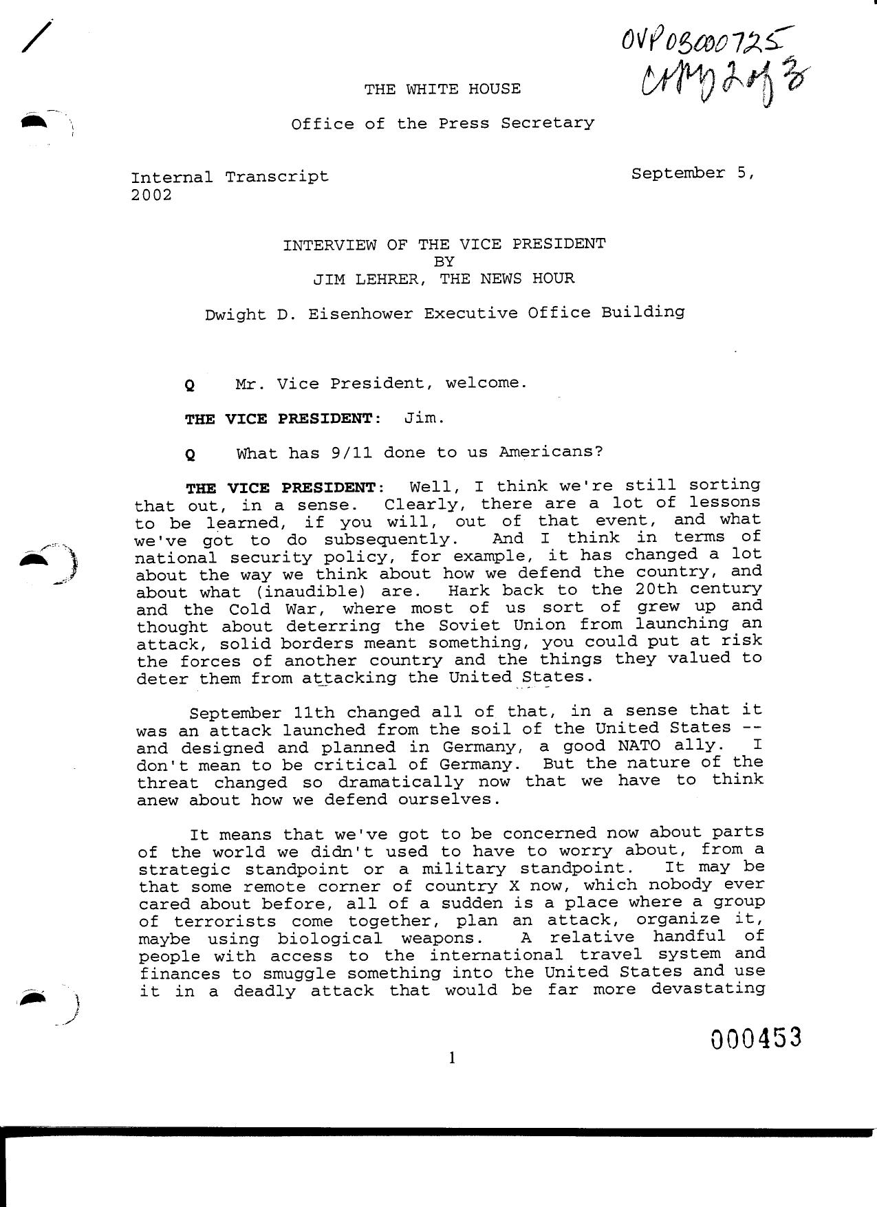 NY B9 Farmer Misc- WH 2 of 3 Fdr- 9-5-02 Jim Lehrer-The News Hour Interview of Cheney 468 by Unknown