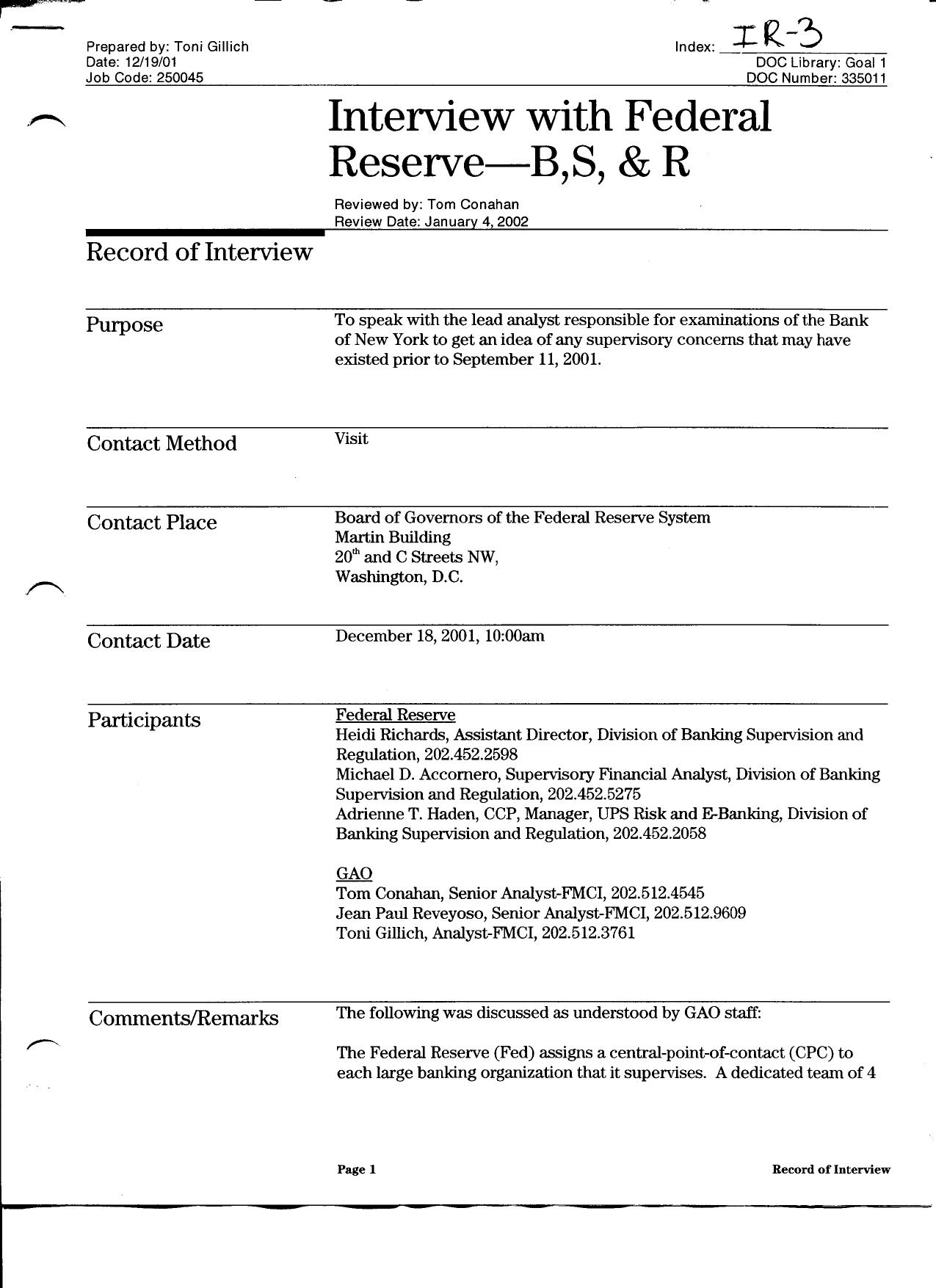 NYC B6 GAO Fdr- Interview with Federal Reserve- B S and R by Unknown