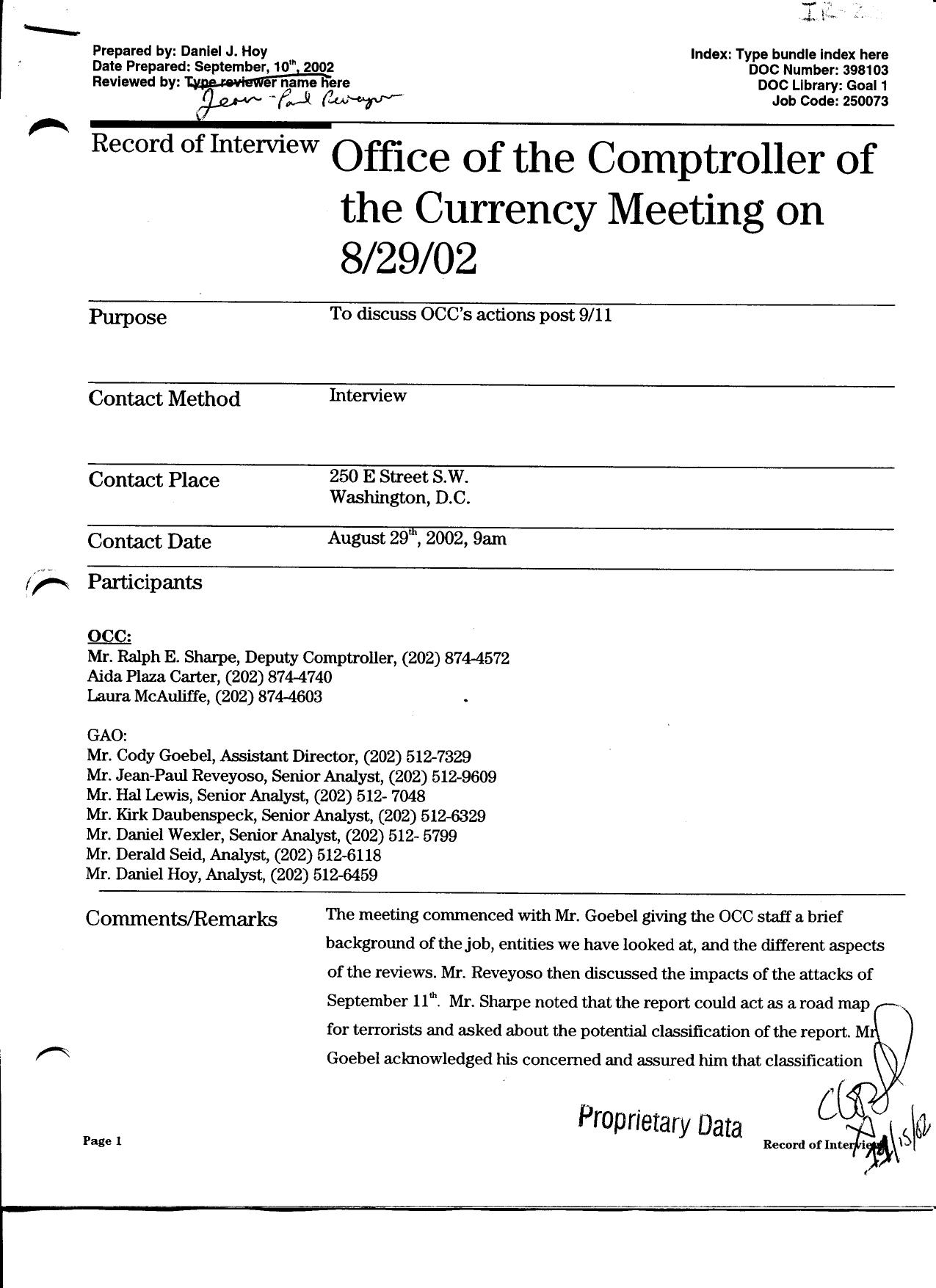 NYC B6 GAO Fdr- OCC Meeting 8-29-02- Record of Interview by Unknown