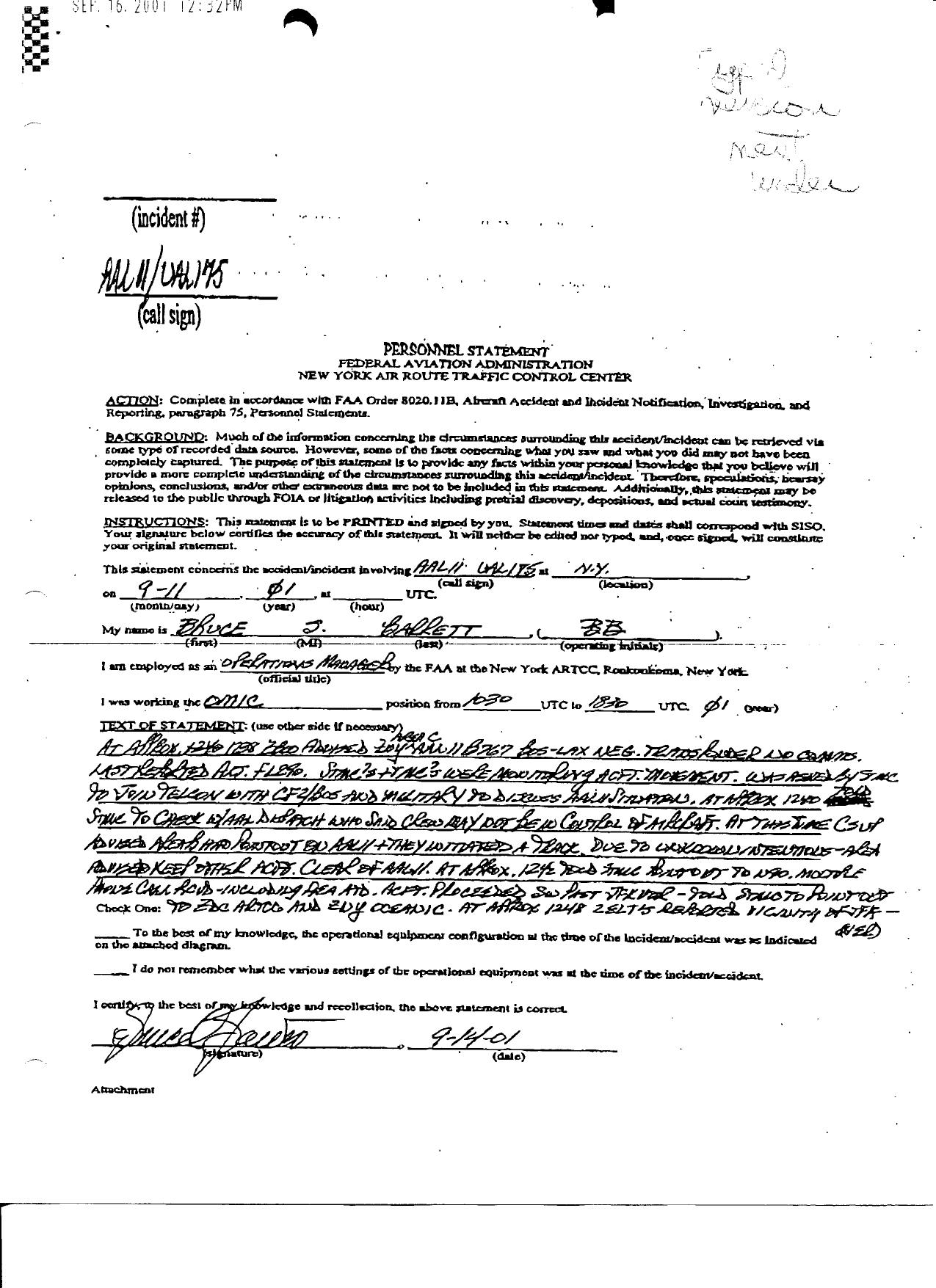 NYC Box 2 AA 11 DOT-FAA Docs Fdr- FAA Personnel Statement- Bruce Barrett- Operations Manager- CMIC 478 by Unknown