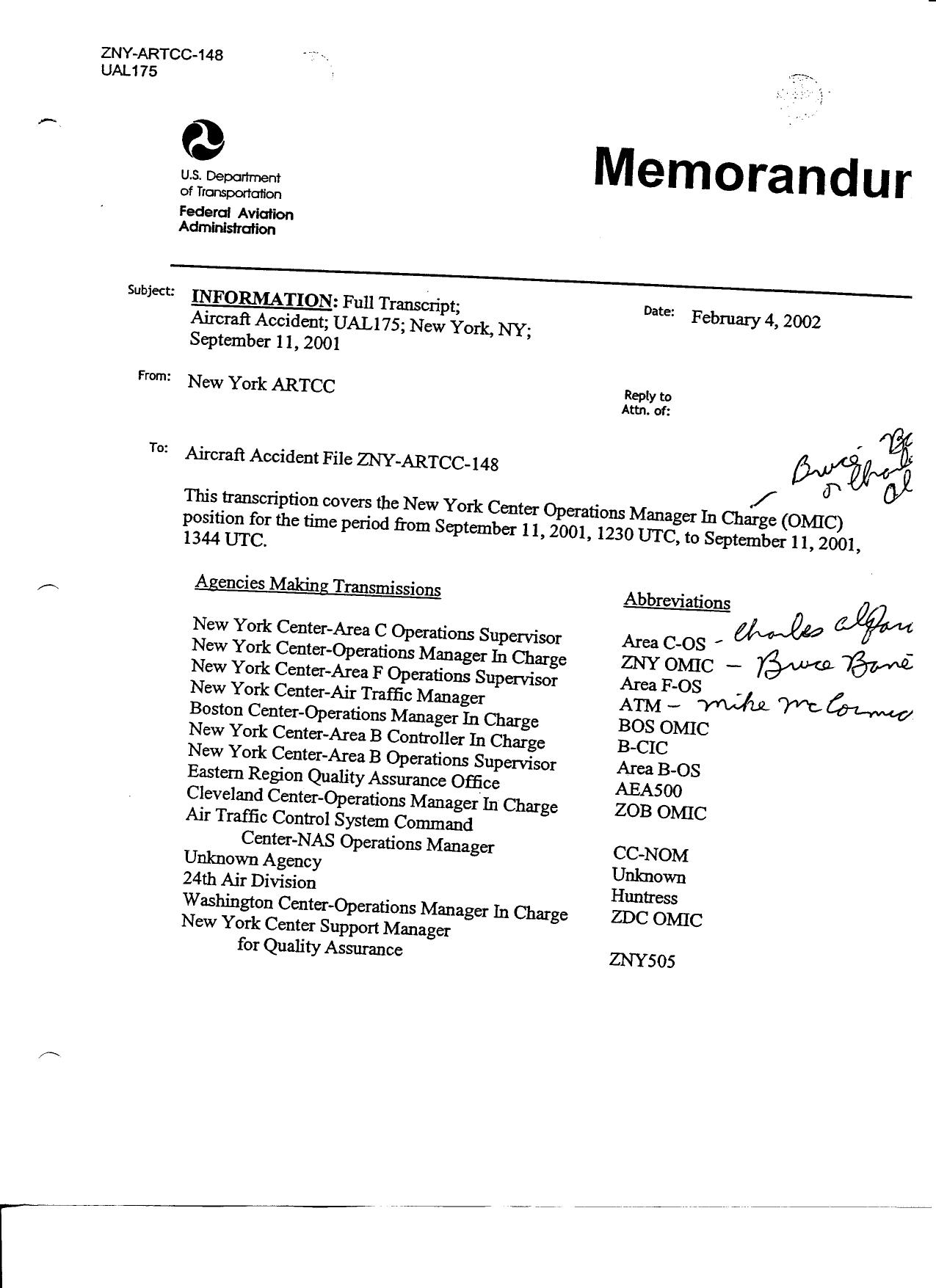 NYC Box 2 AA 11 UA 175 Azzarello Fdr- Transcript- New York Center Operations Manager in Charge- OMIC- 1230-1344 UTC Could Be You Know What pg 3 and WOC Not Taking It Seriously pg 22 by Unknown