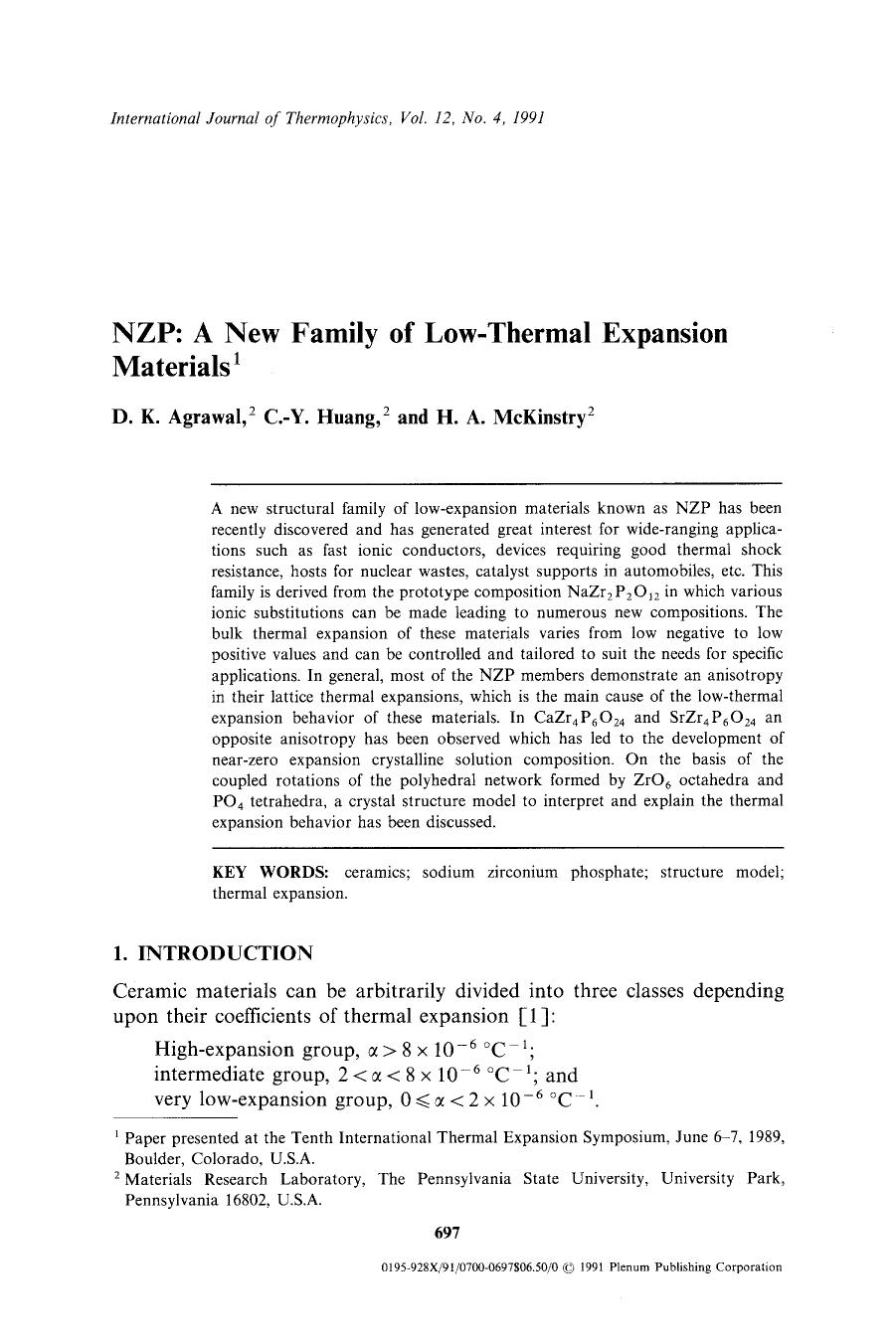 NZP: A new family of low-thermal expansion materials by Unknown