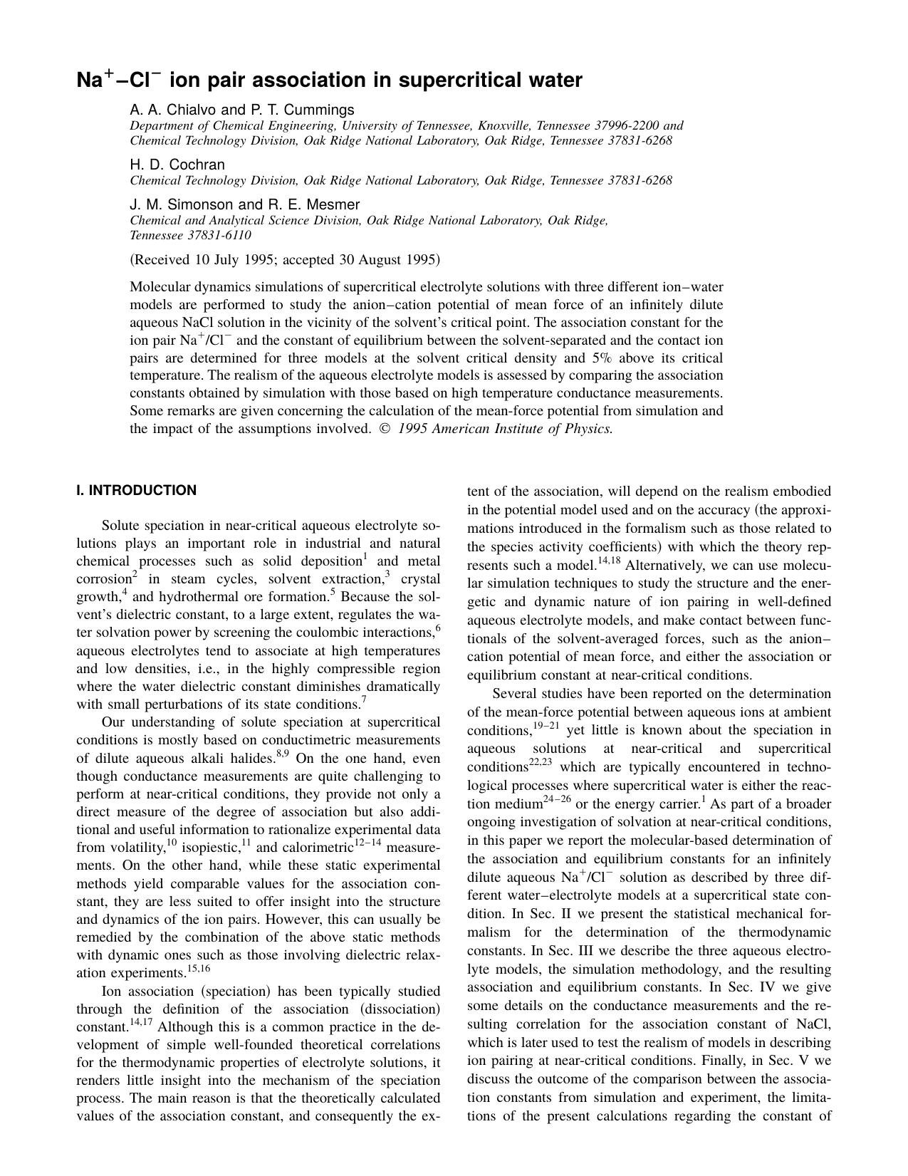 Na 1 -Cl 2 ion pair association in supercritical water by A. A. Chialvo and P. T. Cummings & H. D. Cochran & J. M. Simonson and R. E. Mesmer