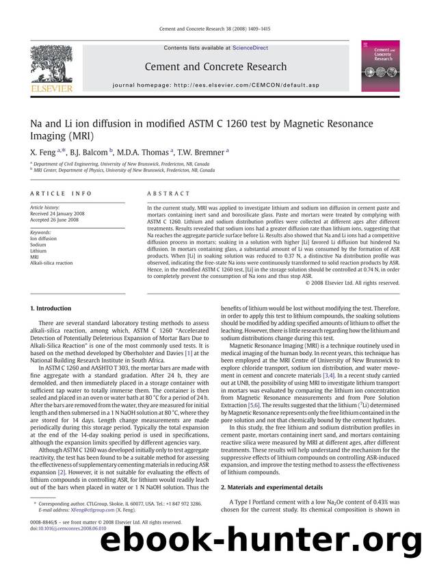 Na and Li ion diffusion in modified ASTM C 1260 test by Magnetic Resonance Imaging (MRI) by X. Feng; B.J. Balcom; M.D.A. Thomas; T.W. Bremner