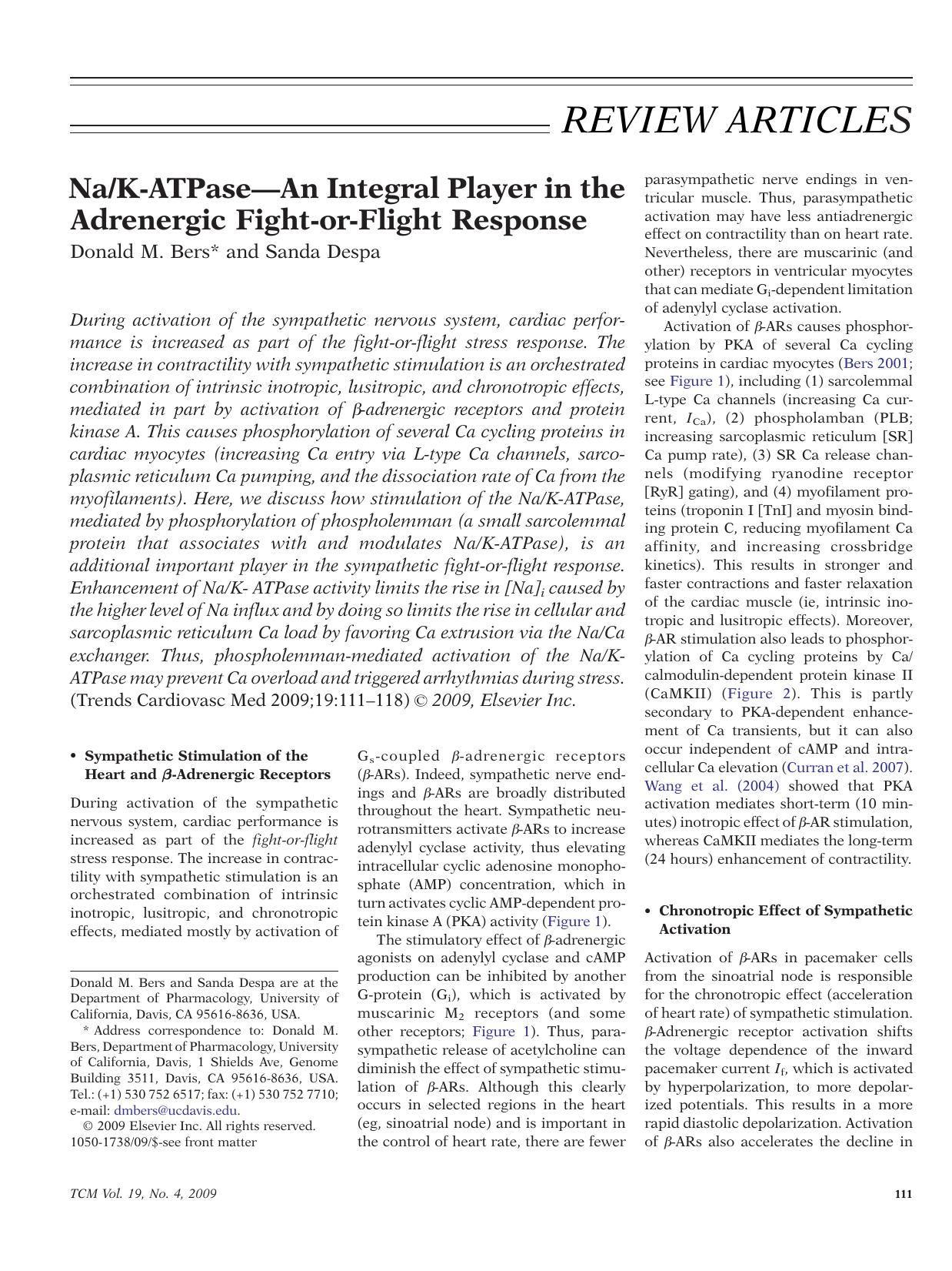 NaK-ATPaseâAn Integral Player in the Adrenergic Fight-or-Flight Response by Donald M. Bers; Sanda Despa
