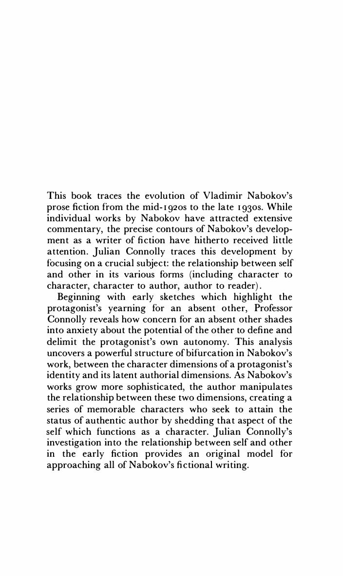 Nabokov's Early Fiction: Patterns of Self and Other by Julian W. Connolly