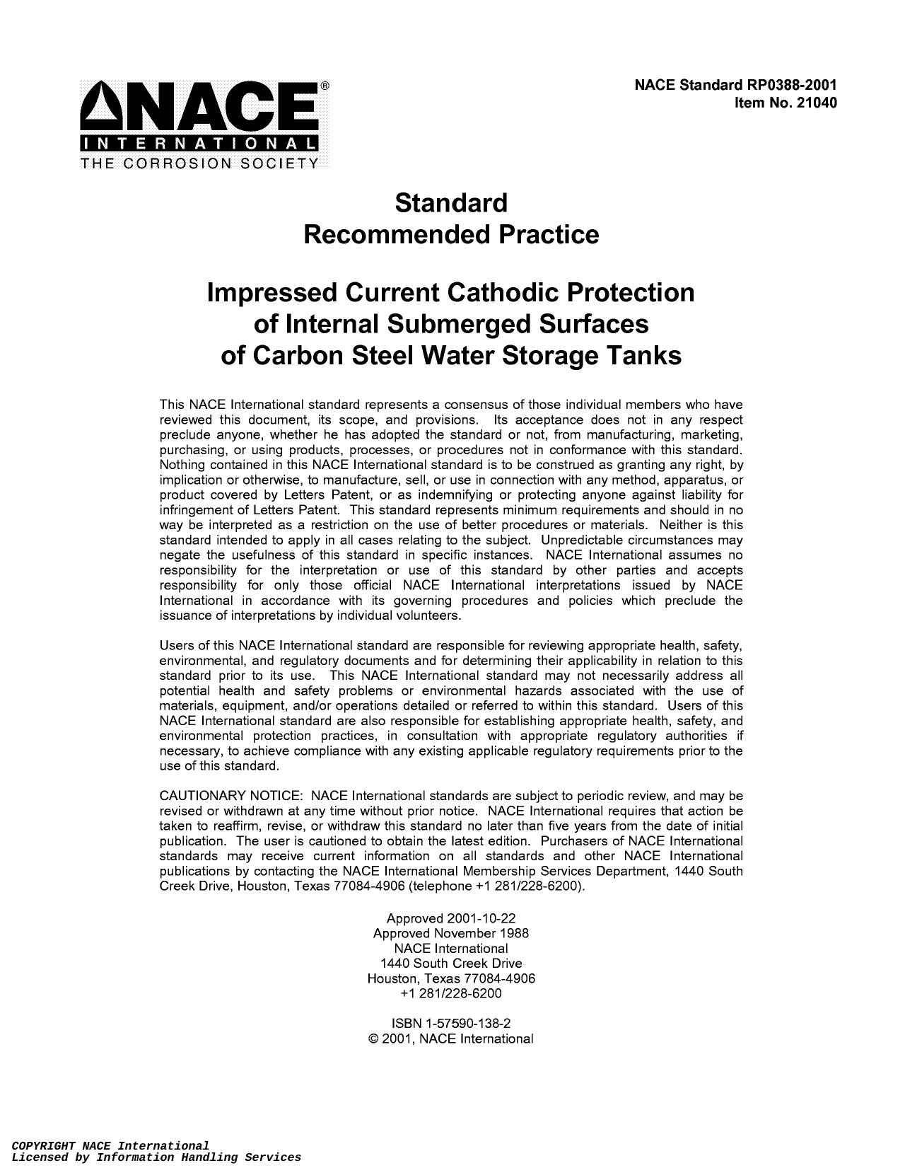 Nace Rp0388 Impressed Current Cathodic Protection by Unknown