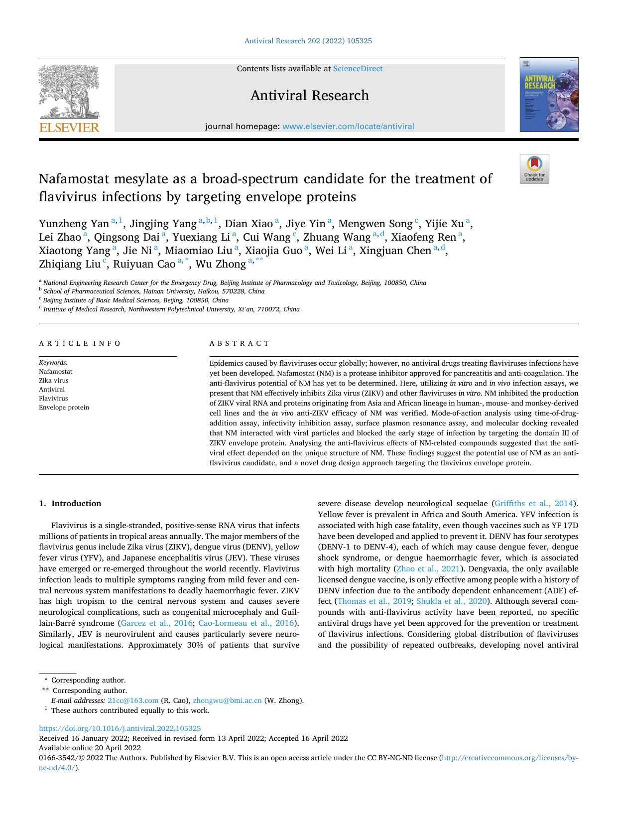 Nafamostat mesylate as a broad-spectrum candidate for the treatment of flavivirus infections by targeting envelope proteins by unknow