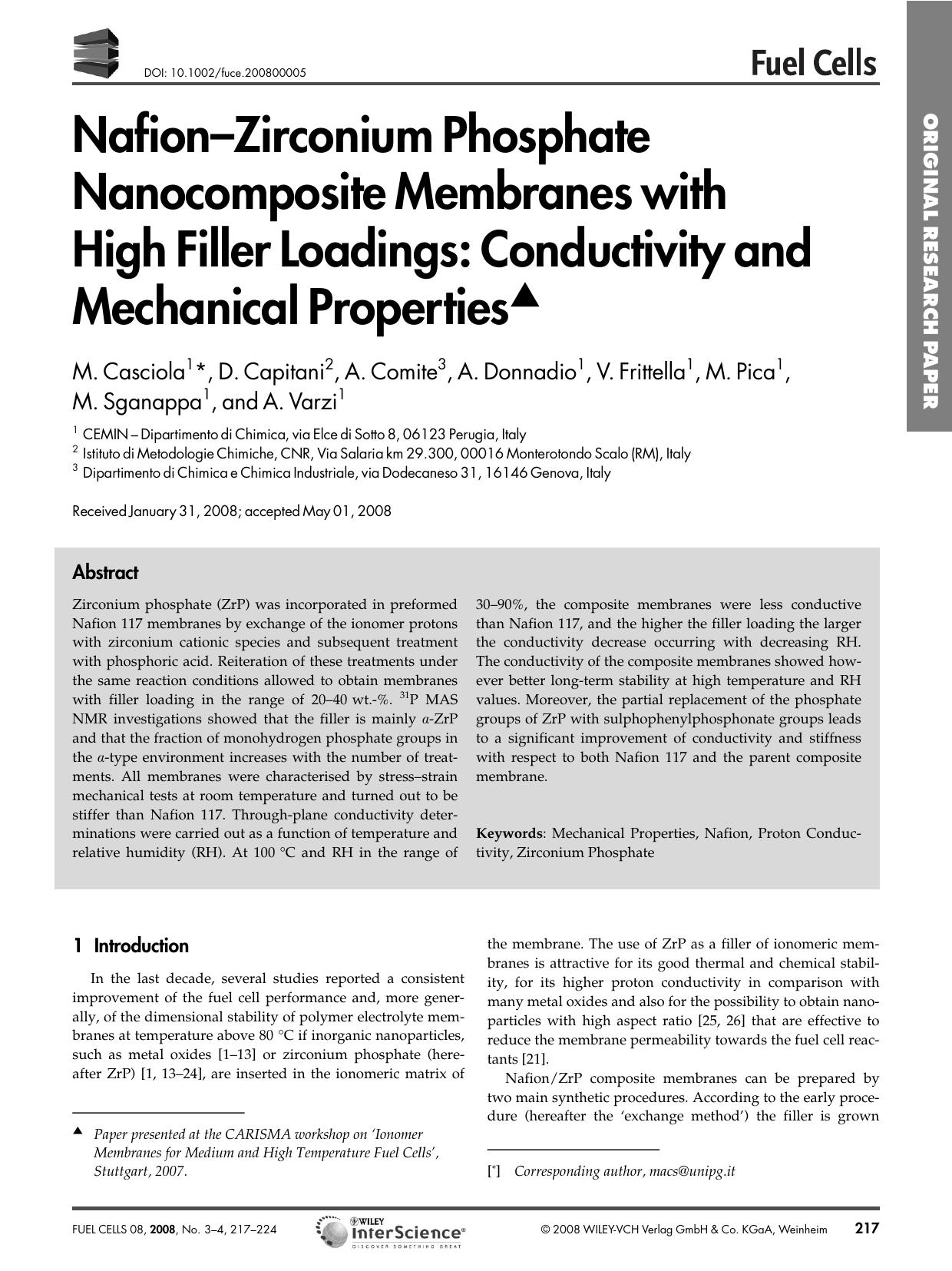 Nafion-Zirconium Phosphate Nanocomposite Membranes with High Filler Loadings: Conductivity and Mechanical Properties by Unknown