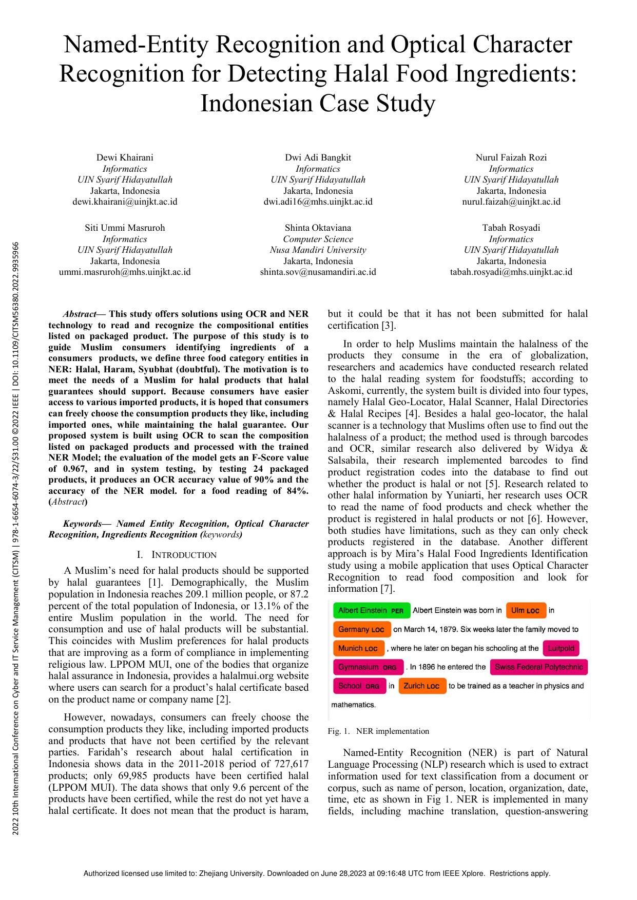 Named-Entity Recognition and Optical Character Recognition for Detecting Halal Food Ingredients: Indonesian Case Study by unknow
