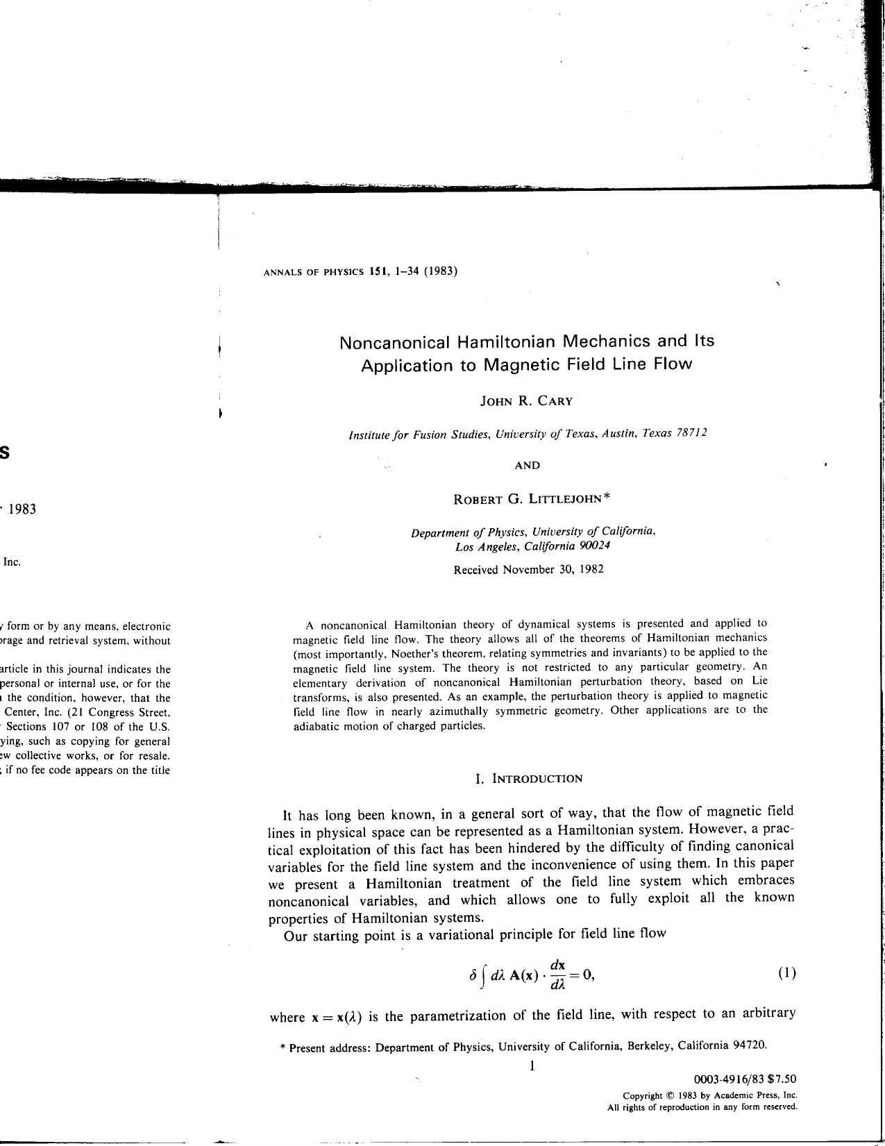 Namiltonian mechanics and magnetic field flow by Cary
