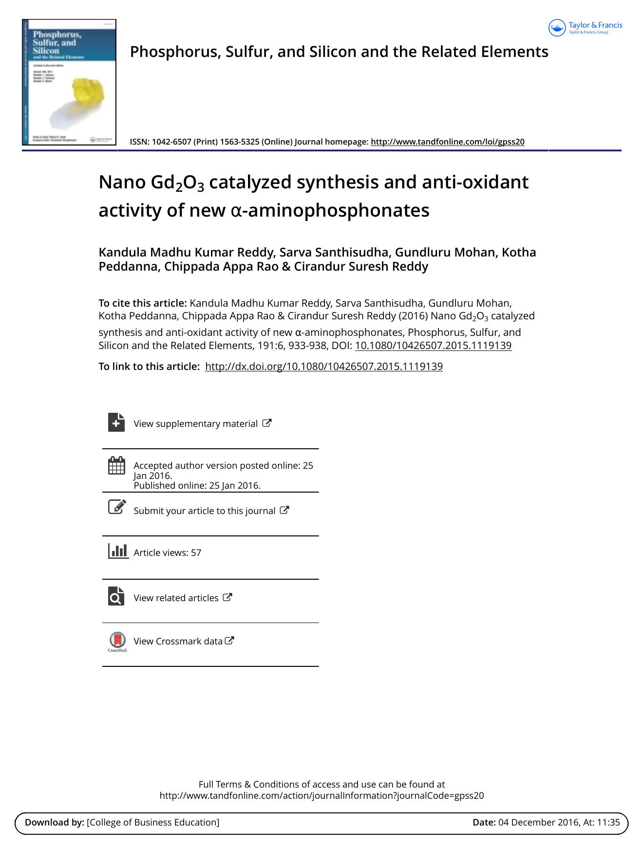 Nano Gd2O2 catalyzed synthesis and anti-oxidant activity of new -aminophosphonates by unknow