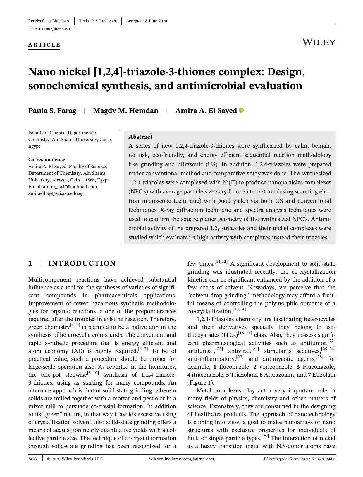 Nano Nickel [1,2,4]-Triazole-3-thiones Complex: Design, Sonochemical Synthesis and Antimicrobial Evaluation by Unknown