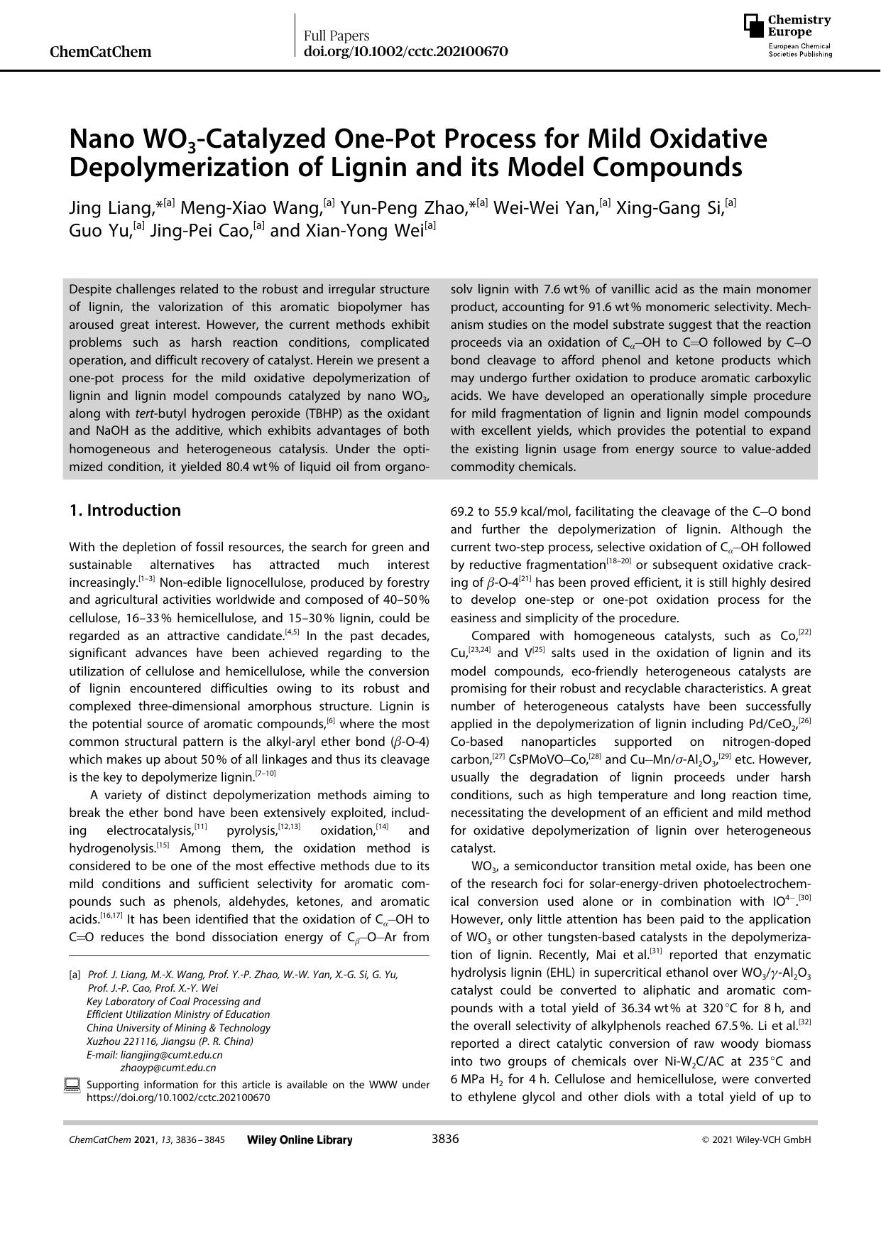 Nano WO3âCatalyzed OneâPot Process for Mild Oxidative Depolymerization of Lignin and its Model Compounds by Unknown