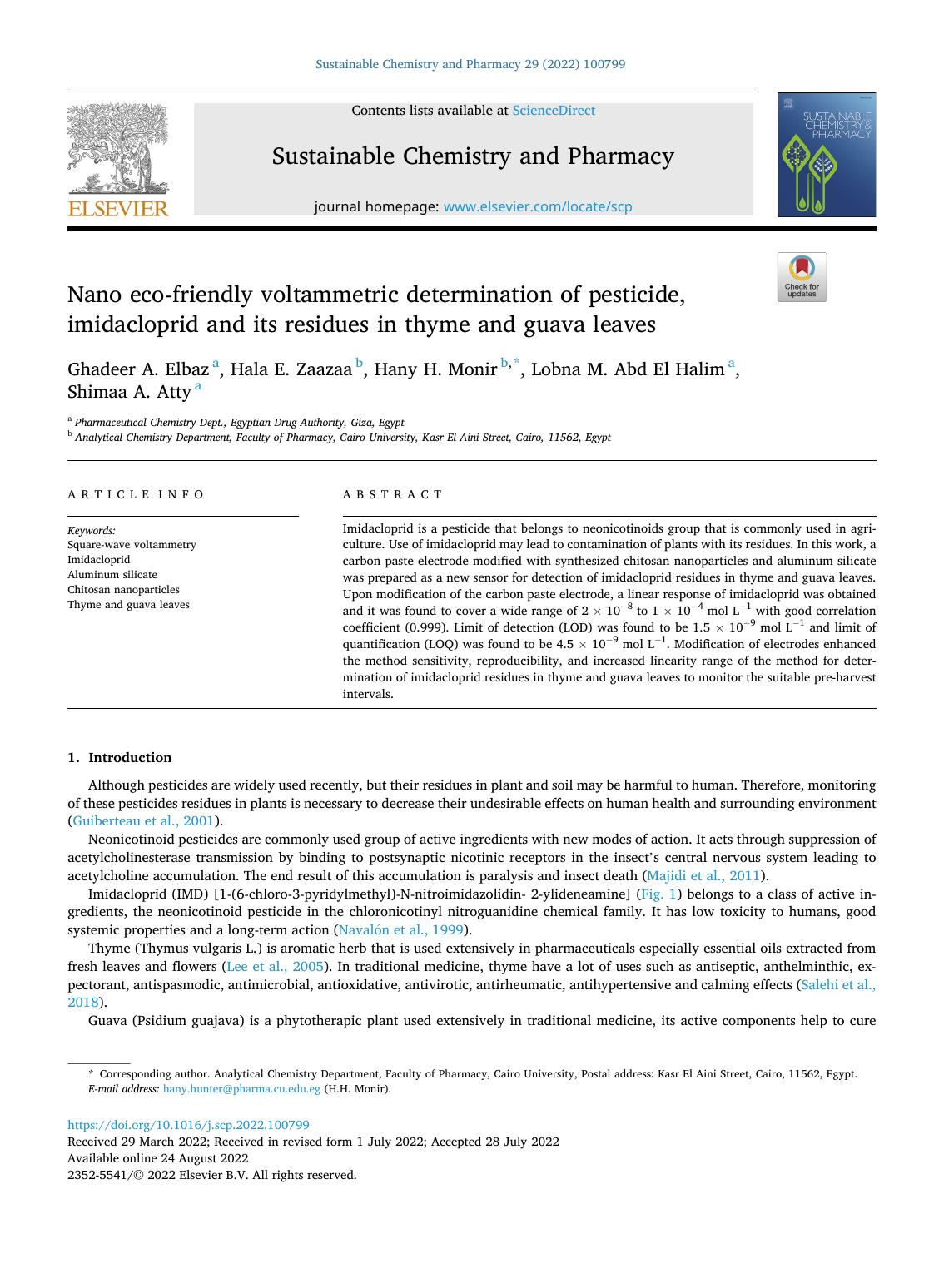Nano eco-friendly voltammetric determination of pesticide, imidacloprid and its residues in thyme and guava leaves by Ghadeer A. Elbaz & Hala E. Zaazaa & Hany H. Monir & Lobna M. Abd El Halim & Shimaa A. Atty