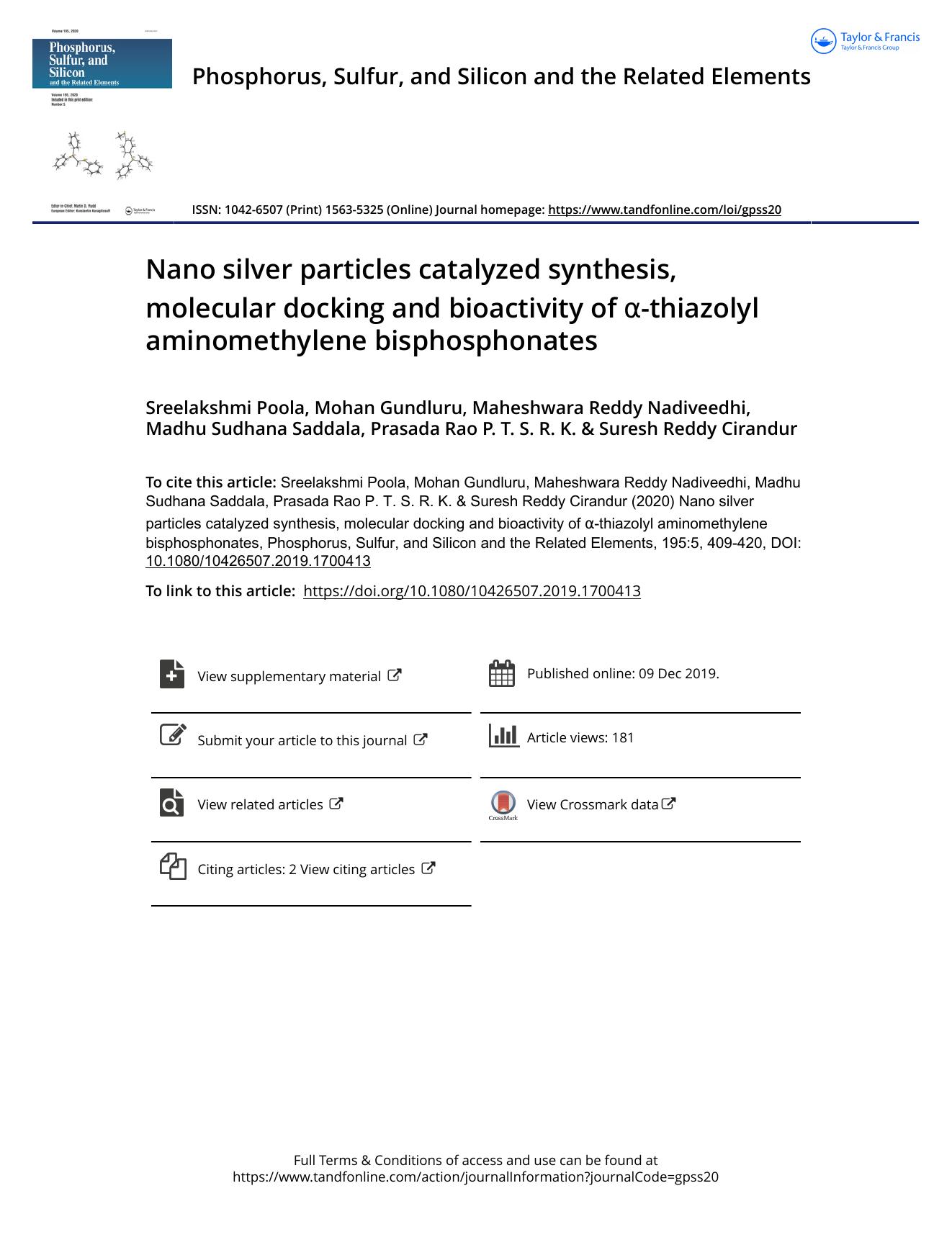 Nano silver particles catalyzed synthesis, molecular docking and bioactivity of Î±-thiazolyl aminomethylene bisphosphonates by unknow