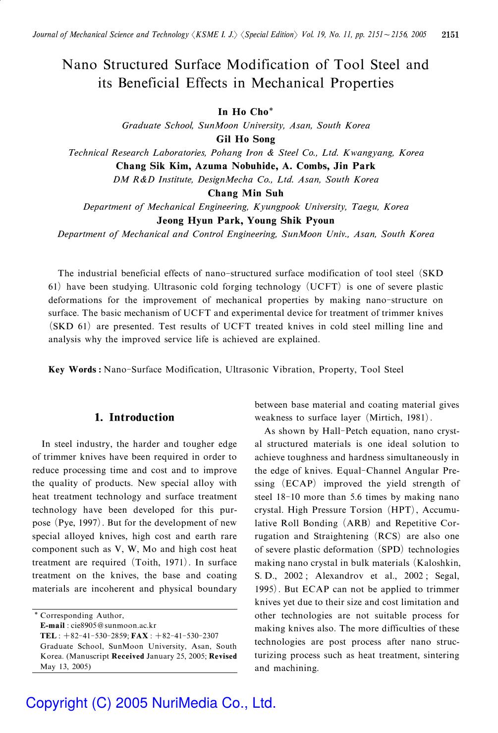 Nano structured surface modification of tool steel and its beneficial effects in mechanical properties by Unknown