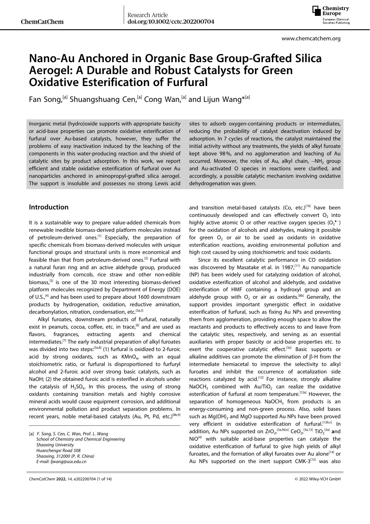 NanoâAu Anchored in Organic Base GroupâGrafted Silica Aerogel: A Durable and Robust Catalysts for Green Oxidative Esterification of Furfural by Unknown