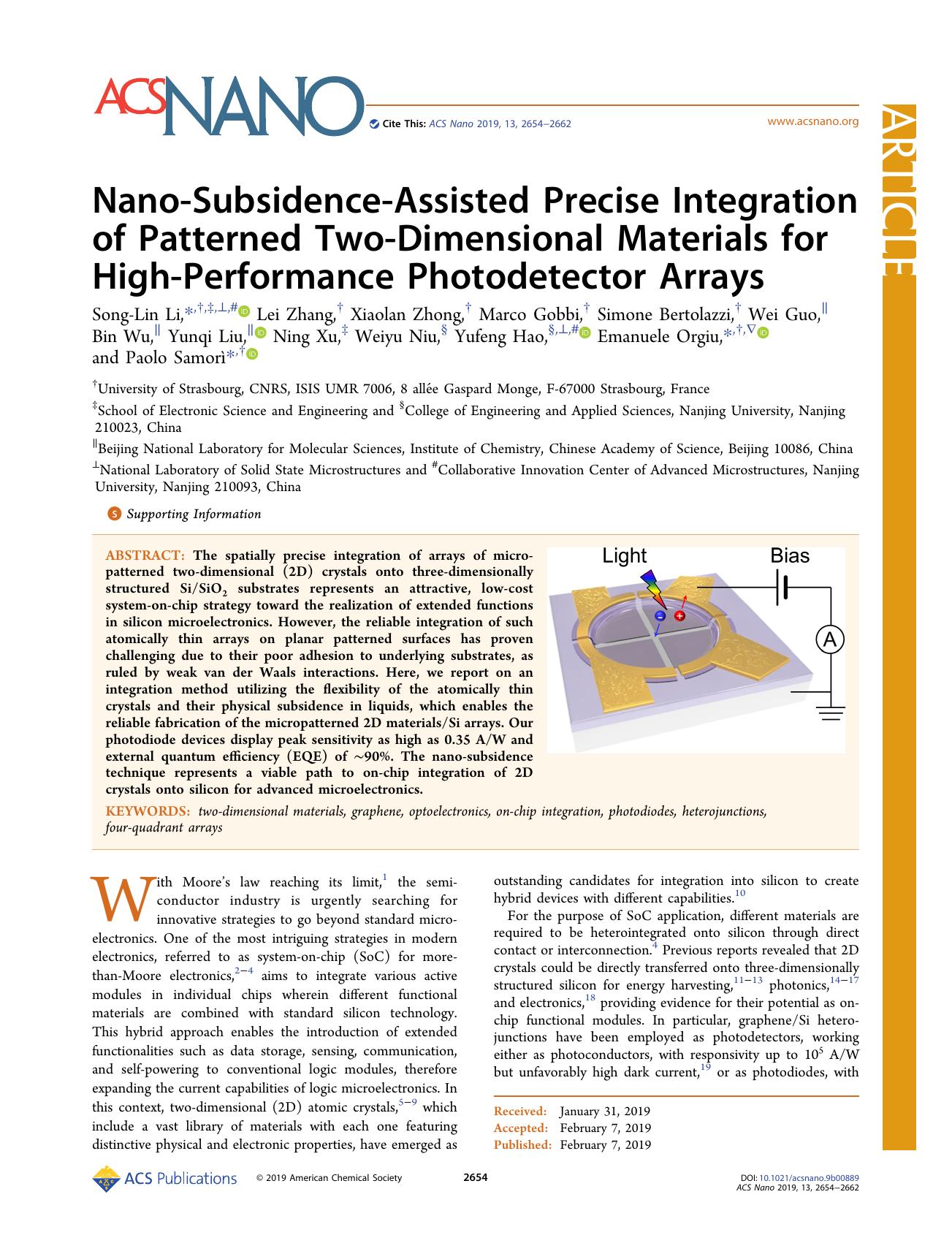 Nano-Subsidence-Assisted Precise Integration of Patterned Two-Dimensional Materials for High-Performance Photodetector Arrays by unknow