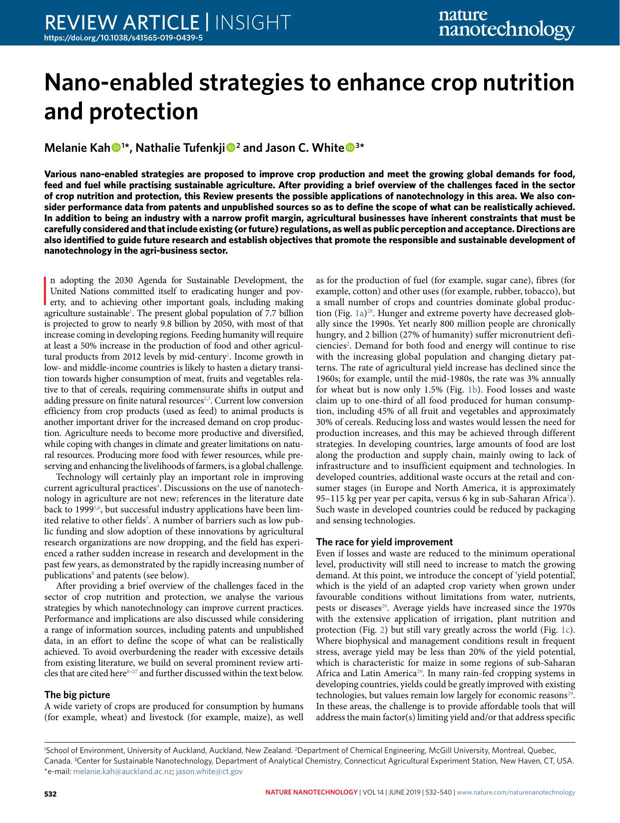 Nano-enabled strategies to enhance crop nutrition and protection by Melanie Kah & Nathalie Tufenkji & Jason C. White