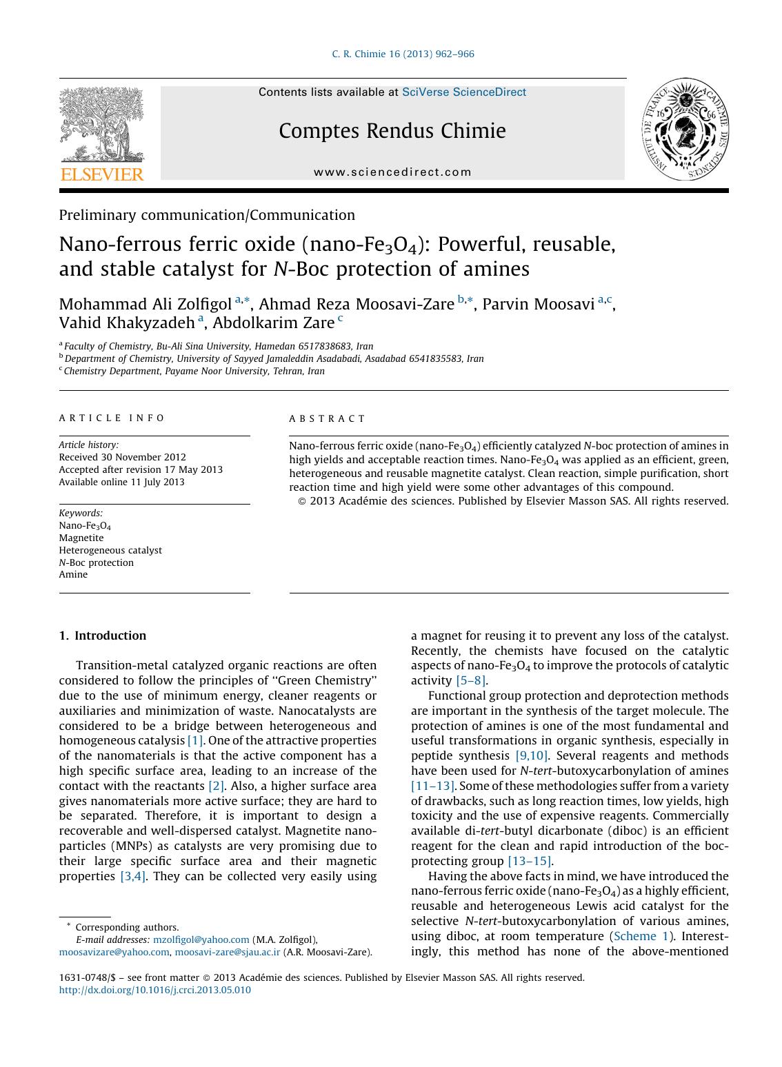 Nano-ferrous ferric oxide (nano-Fe3O4): Powerful, reusable, and stable catalyst for N-Boc protection of amines by Mohammad Ali Zolfigol