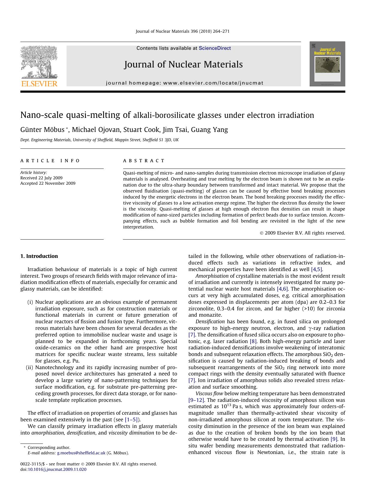 Nano-scale quasi-melting of alkali-borosilicate glasses under electron irradiation by Günter Möbus; Michael Ojovan; Stuart Cook; Jim Tsai; Guang Yang