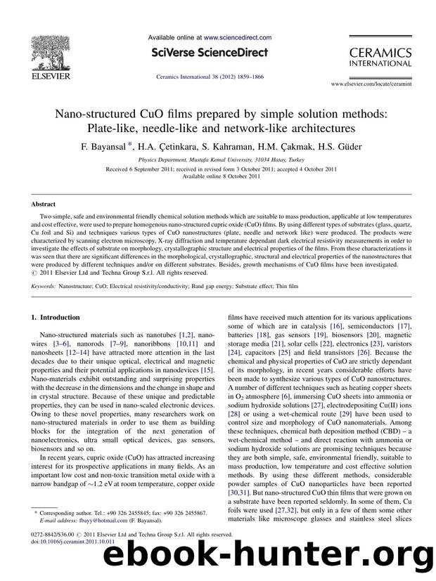 Nano-structured CuO films prepared by simple solution methods: Plate-like, needle-like and network-like architectures by F. Bayansal