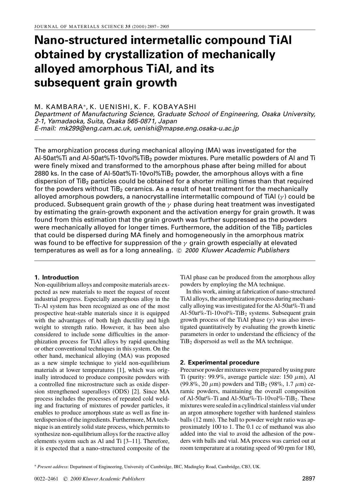 Nano-structured intermetallic compound TiAl obtained by crystallization of mechanically alloyed amorphous TiAl, and its subsequent grain growth by Unknown
