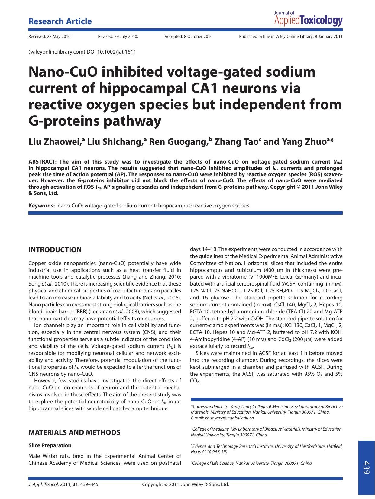 NanoCuO inhibited voltagegated sodium current of hippocampal CA1 neurons via reactive oxygen species but independent from Gproteins pathway by Unknown