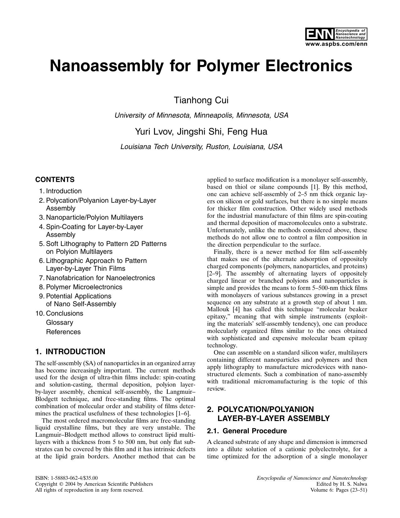 Nanoassembly for Polymer Electronics by Cui T. Lvov Y. Shi J