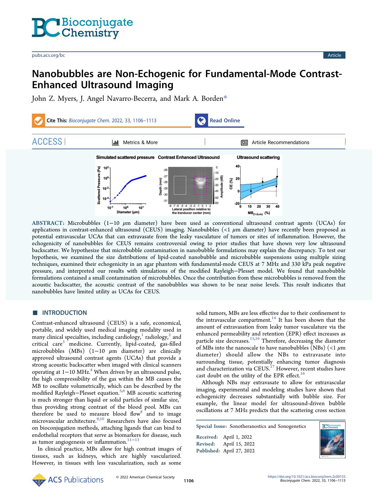 Nanobubbles are Non-Echogenic for Fundamental-Mode Contrast-Enhanced Ultrasound Imaging by John Z. Myers J. Angel Navarro-Becerra and Mark A. Borden