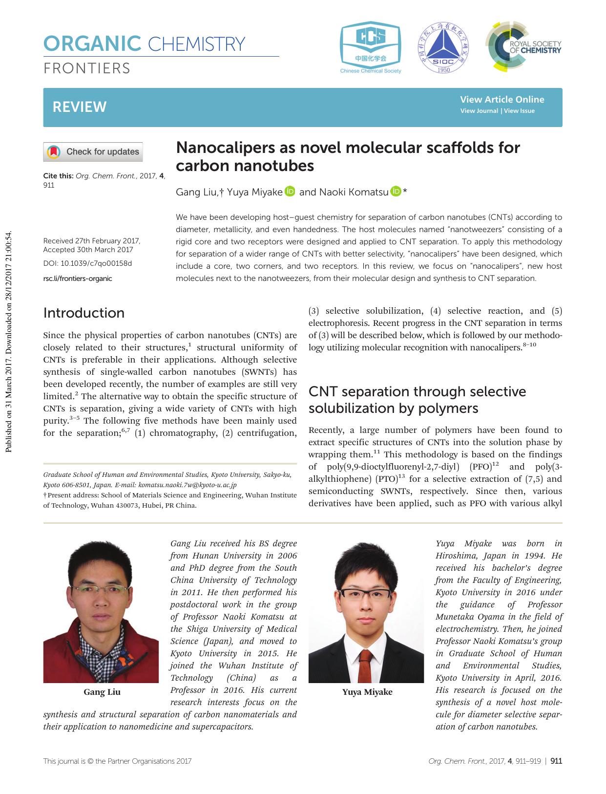 Nanocalipers as novel molecular scaffolds for carbon nanotubes by Gang Liu Yuya Miyake Naoki Komatsu