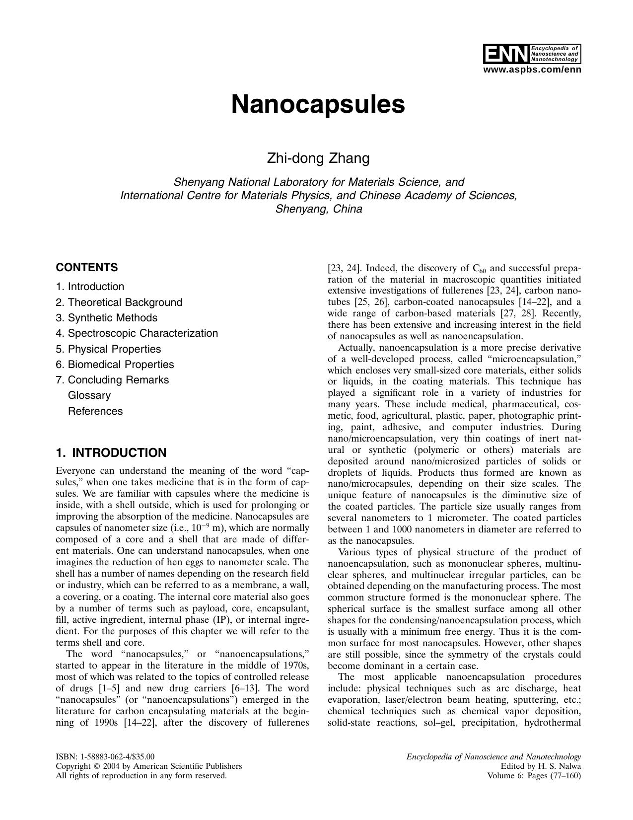 Nanocapsules by Zhang Z