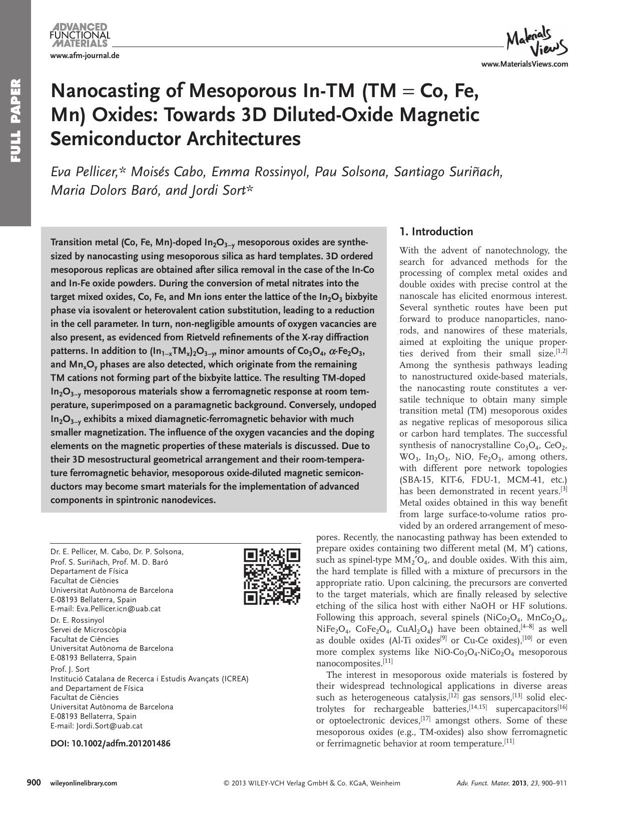 Nanocasting of Mesoporous InTM (TM = Co, Fe, Mn) Oxides: Towards 3D DilutedOxide Magnetic Semiconductor Architectures by vng