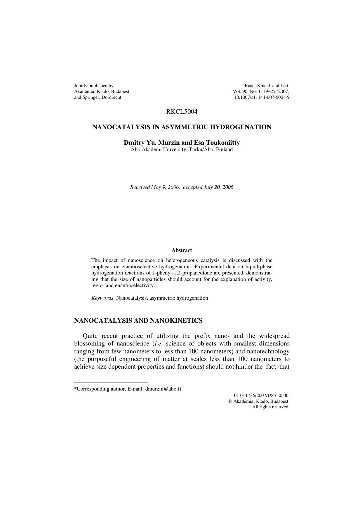 Nanocatalysis in asymmetric hydrogenation by Unknown