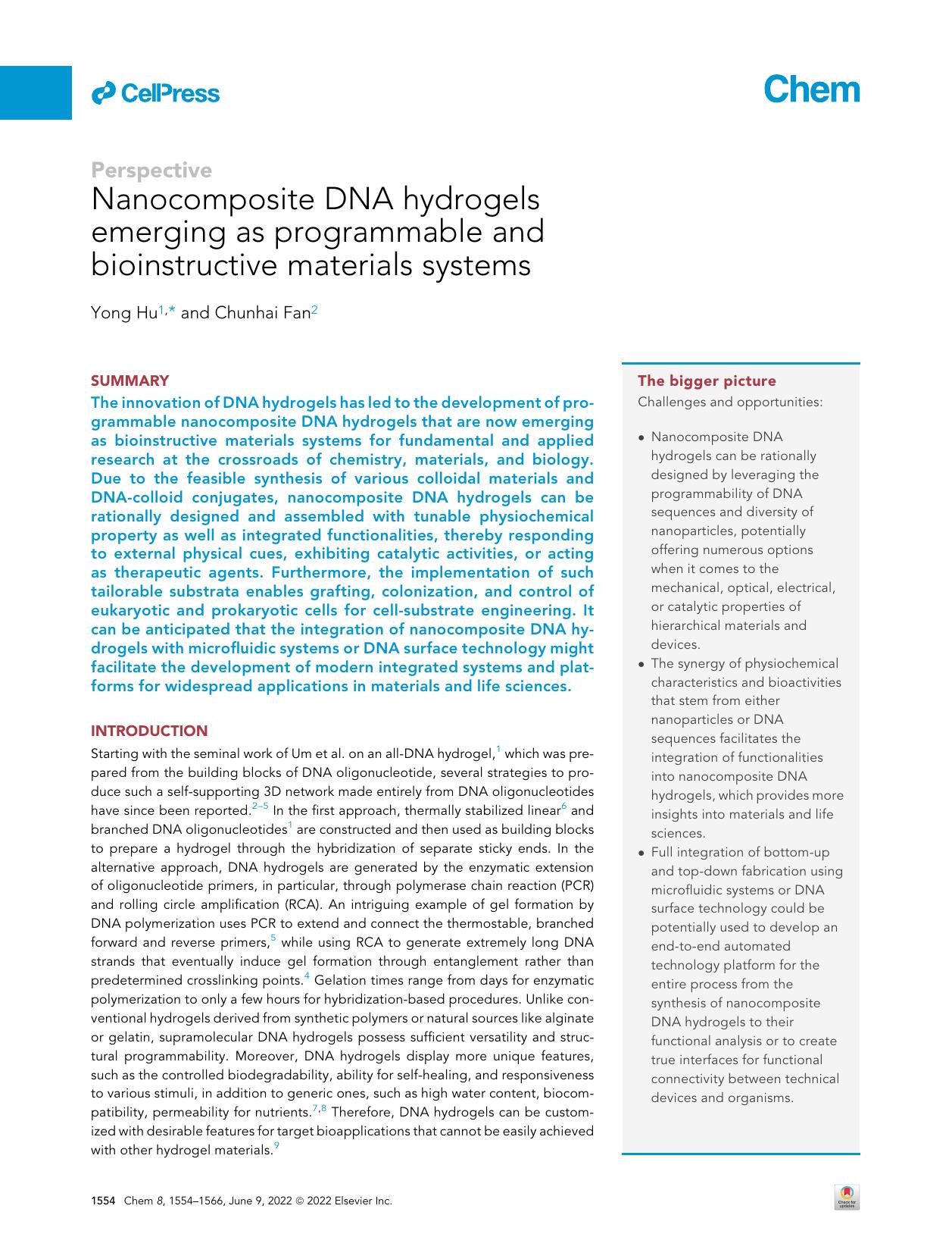 Nanocomposite DNA hydrogels emerging as programmable and bioinstructive materials systems by Yong Hu