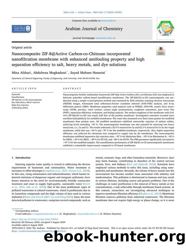 Nanocomposite ZIF-8@Active Carbon-co-Chitosan incorporated nanofiltration membrane with enhanced antifouling property and high separation efficiency to salt, heavy metals, and dye solutions by Mina Afshari & Abdolreza Moghadassi & Sayed Mohsen Hosseini