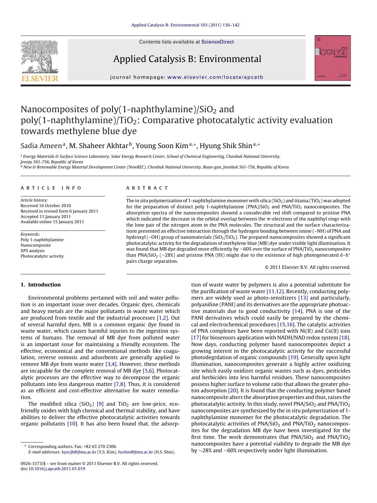 Nanocomposites of poly(1-naphthylamine)SiO2 and poly(1-naphthylamine)TiO2: Comparative photocatalytic activity evaluation towards methylene blue dye by Sadia Ameen